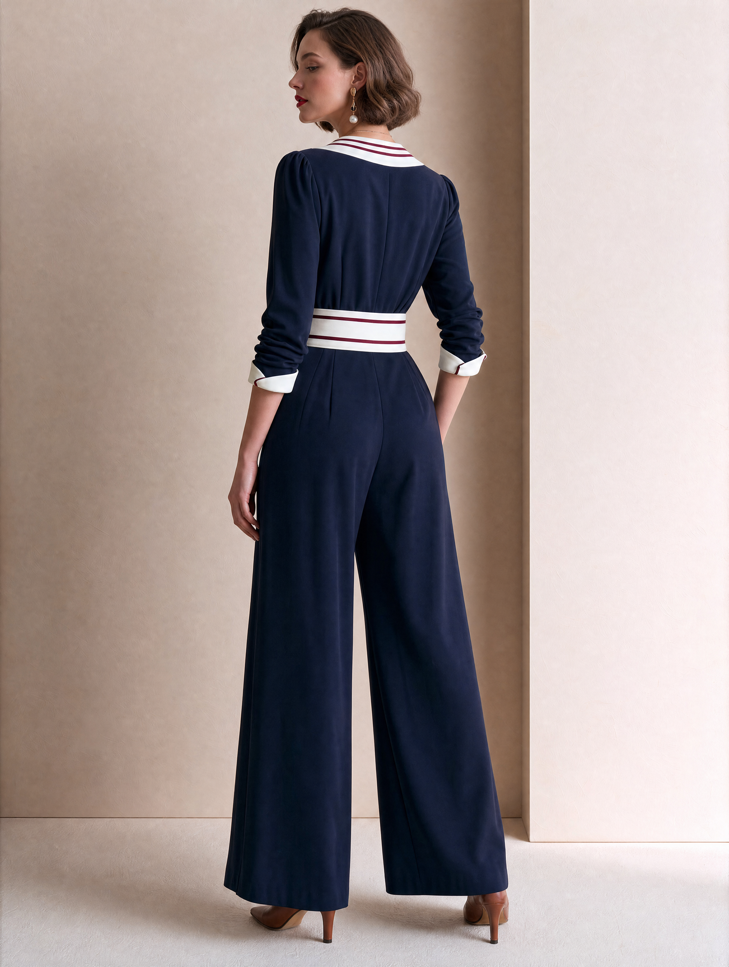 Elegant Navy, Ivory & Burgundy Contrast Wide-Leg Jumpsuit