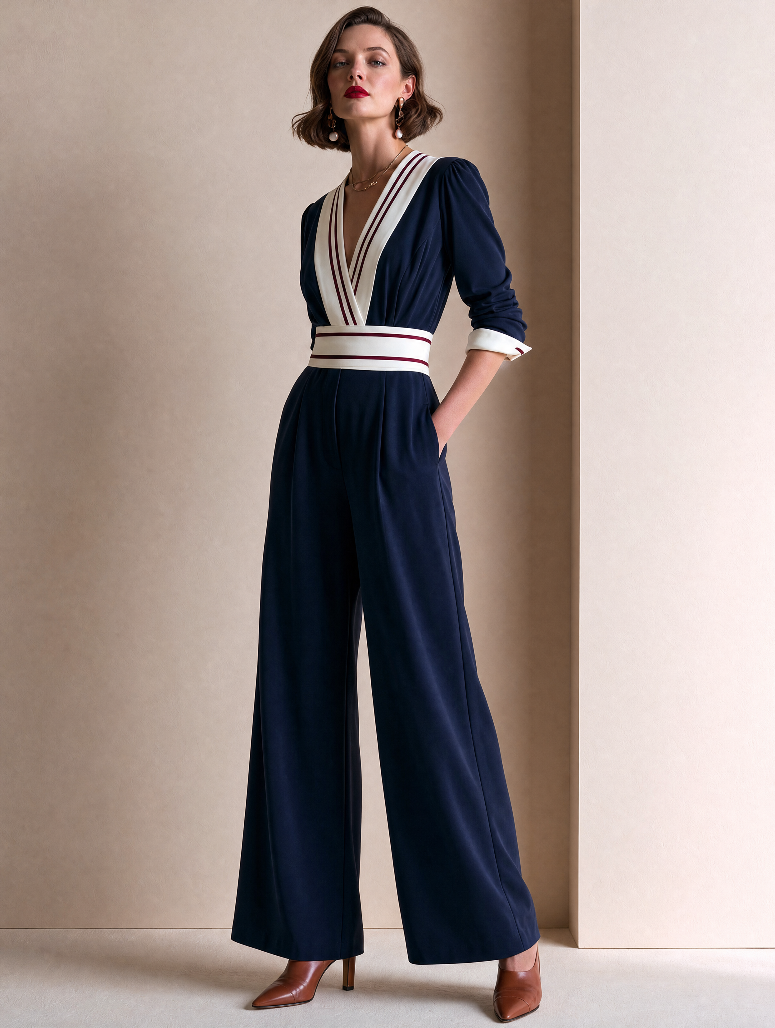 Elegant Navy, Ivory & Burgundy Contrast Wide-Leg Jumpsuit