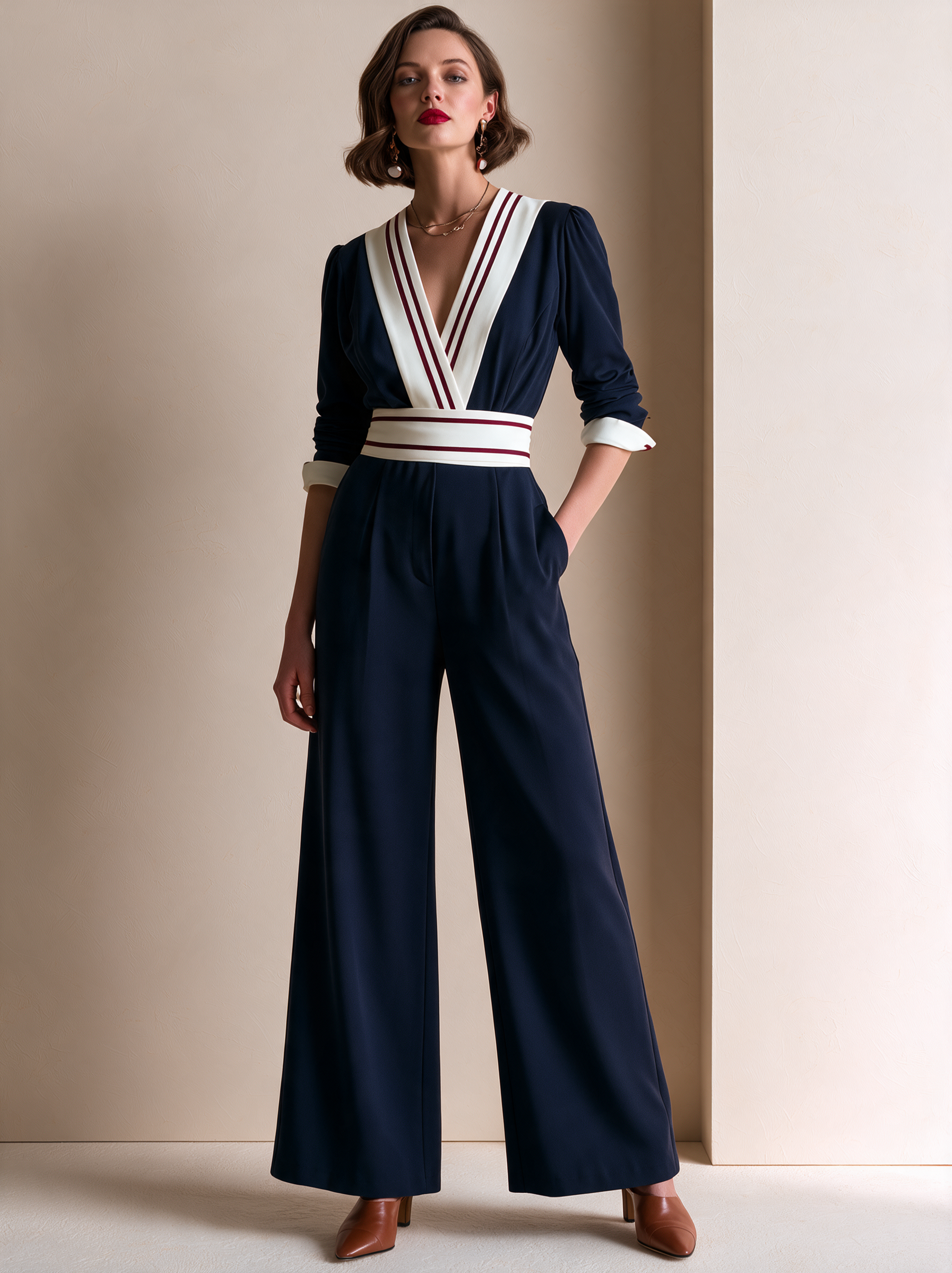 Elegant Navy, Ivory & Burgundy Contrast Wide-Leg Jumpsuit
