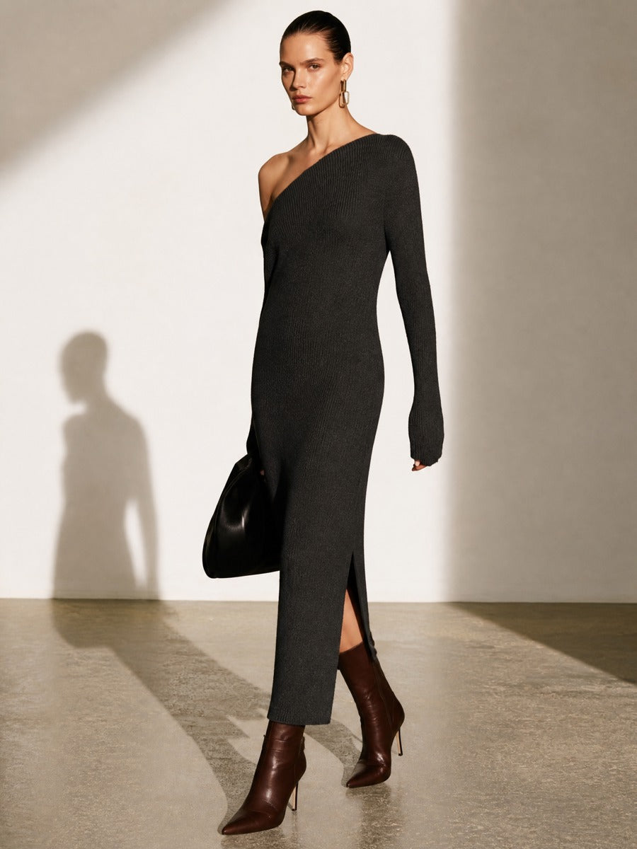 Charcoal Asymmetric Off‑Shoulder Knit Midi Dress