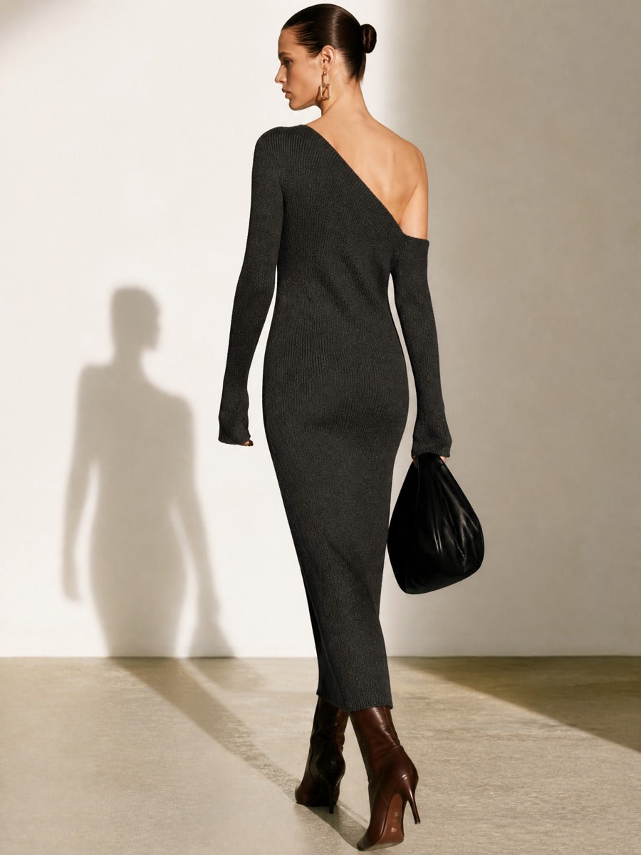 Charcoal Asymmetric Off‑Shoulder Knit Midi Dress