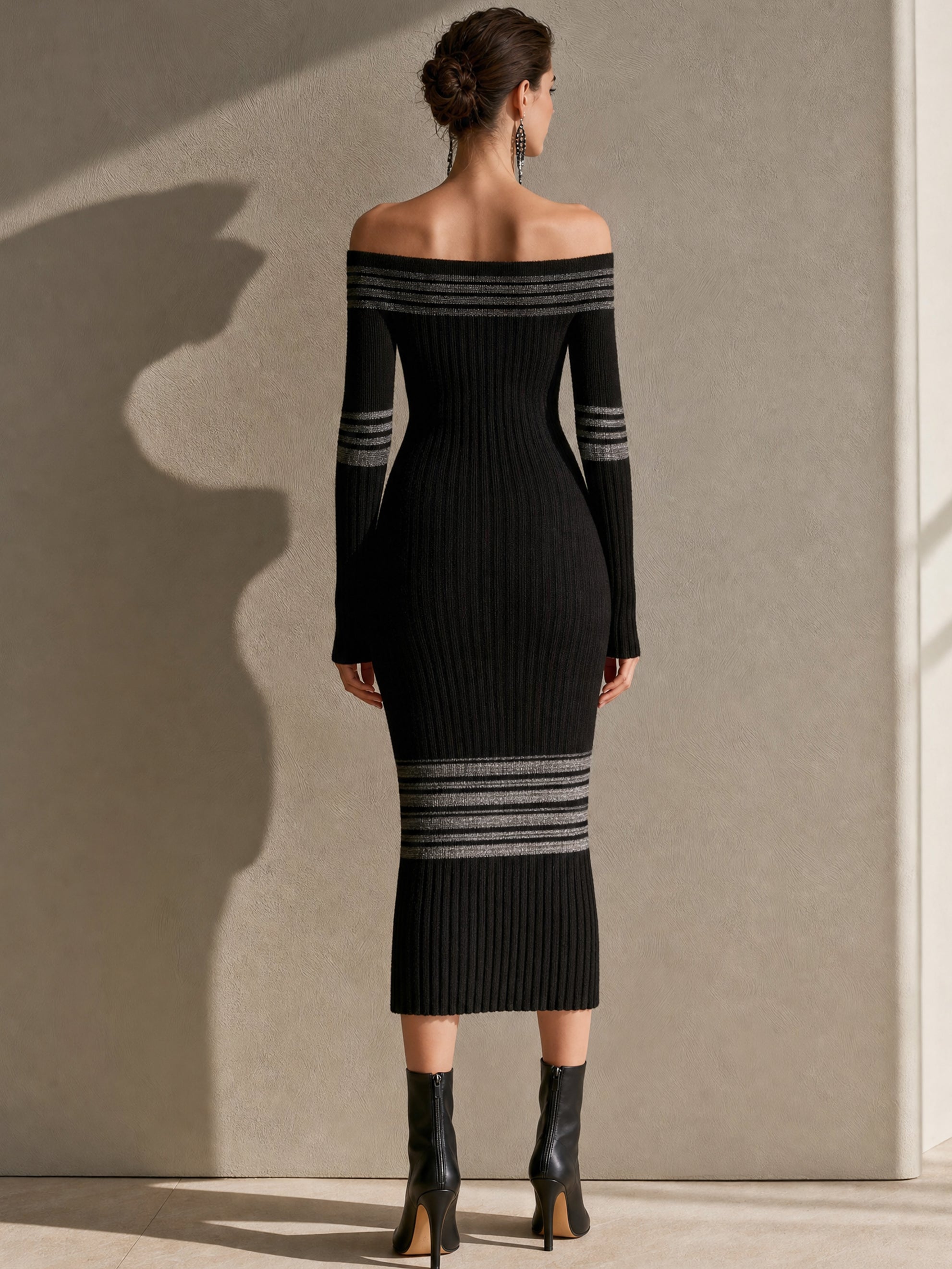 Black Off Shoulder Evening Midi Dress