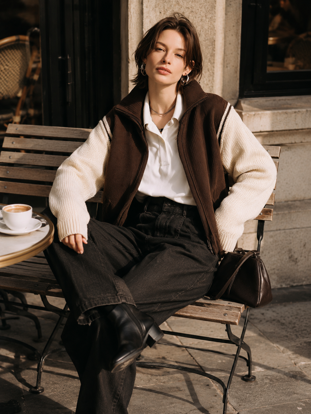 Brown Colorblock Zip-Up Knit Jacket With Contrast Ivory Sleeves
