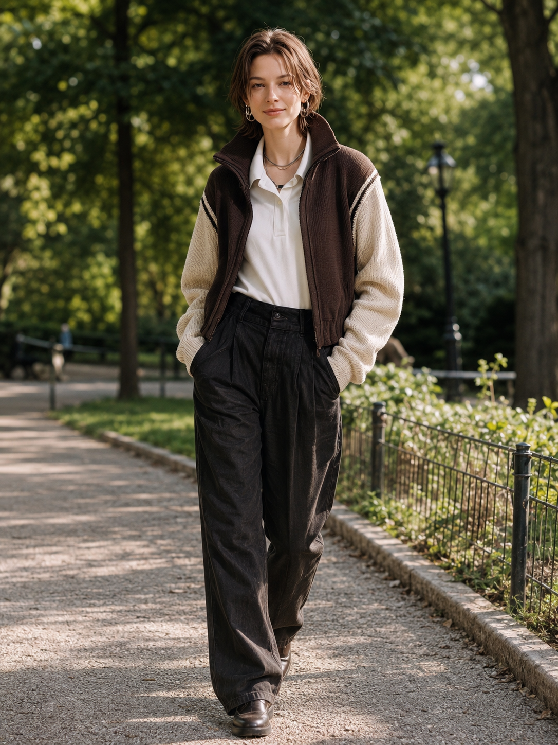 Brown Colorblock Zip-Up Knit Jacket With Contrast Ivory Sleeves