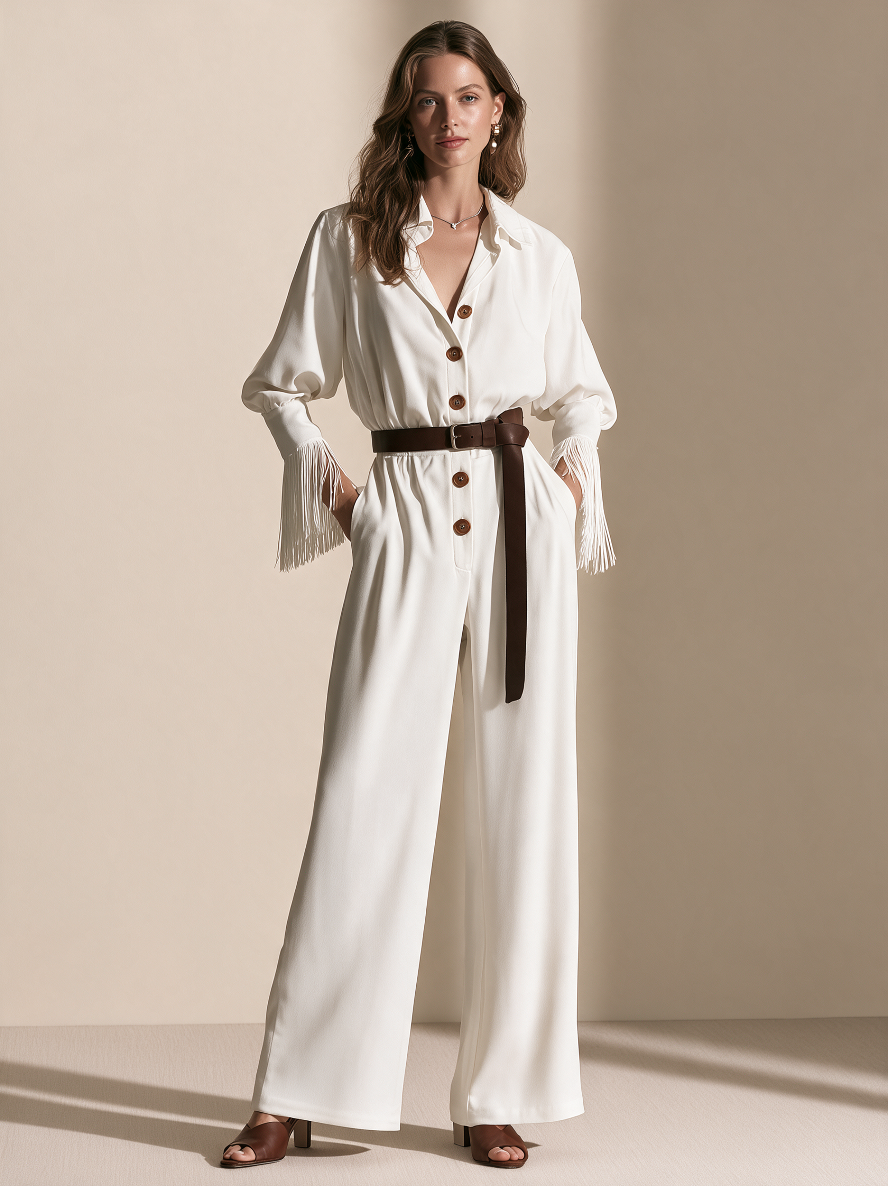 Elegant Ivory Fringe-Cuff Belted Wide-Leg Jumpsuit