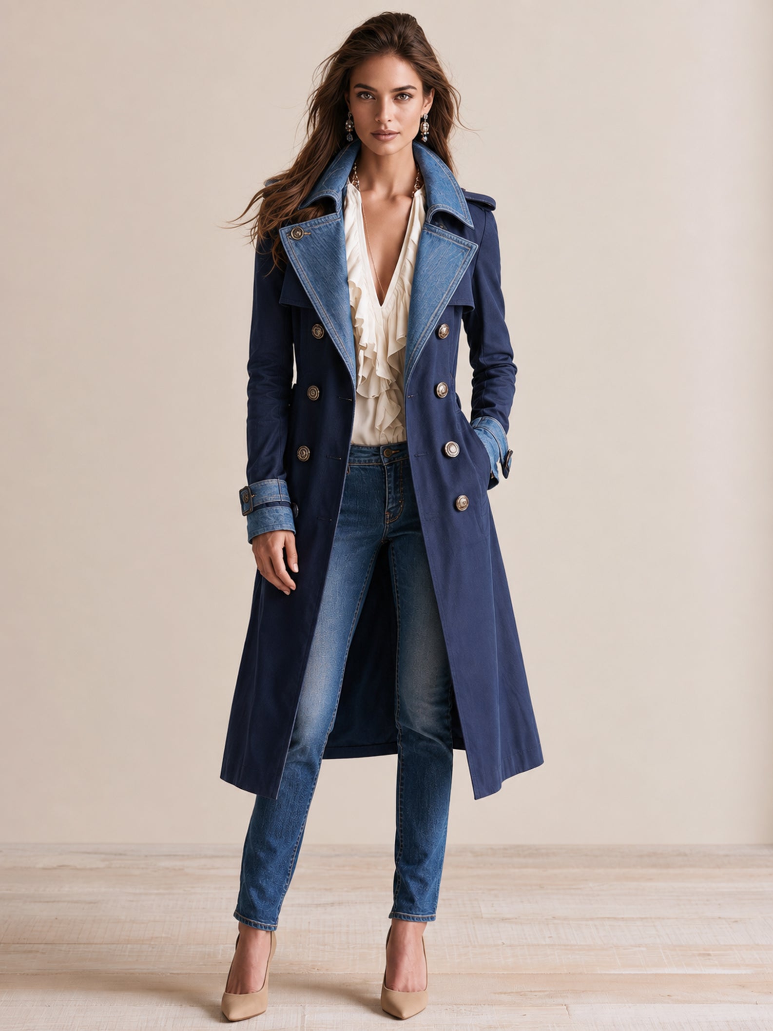 Navy Contrast Denim Lapel Double-Breasted Trench Coat