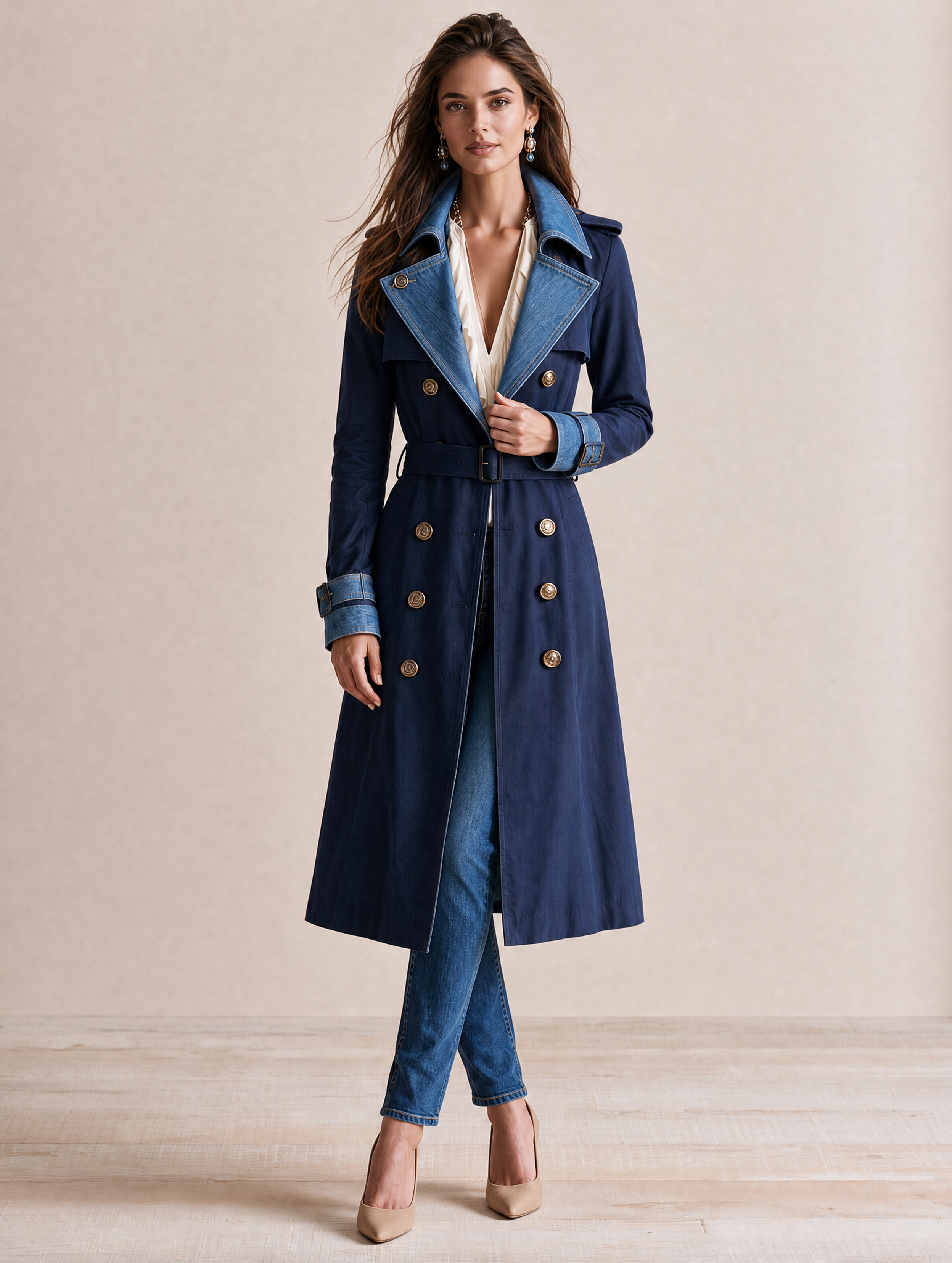 Navy Contrast Denim Lapel Double-Breasted Trench Coat
