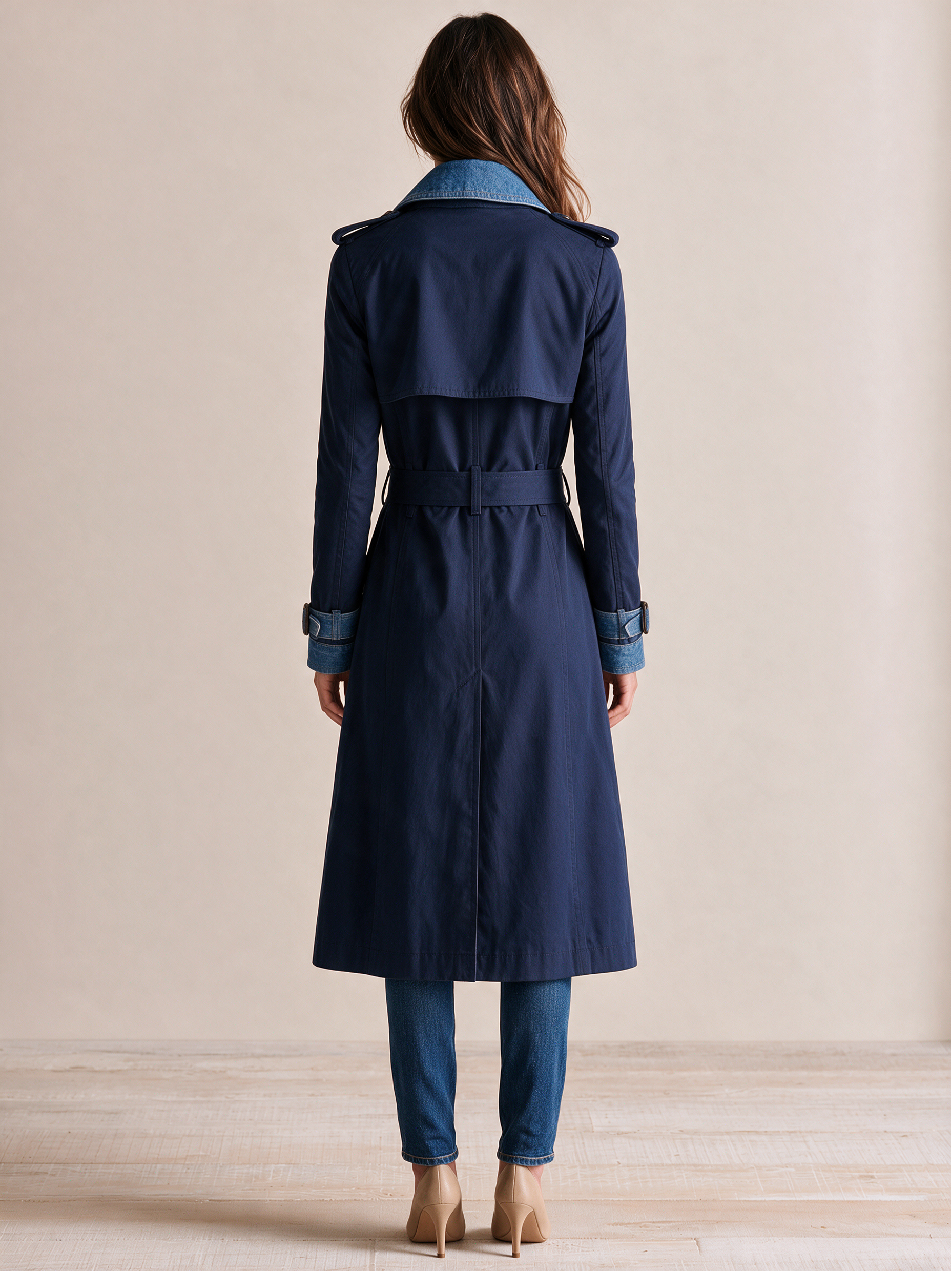 Navy Contrast Denim Lapel Double-Breasted Trench Coat