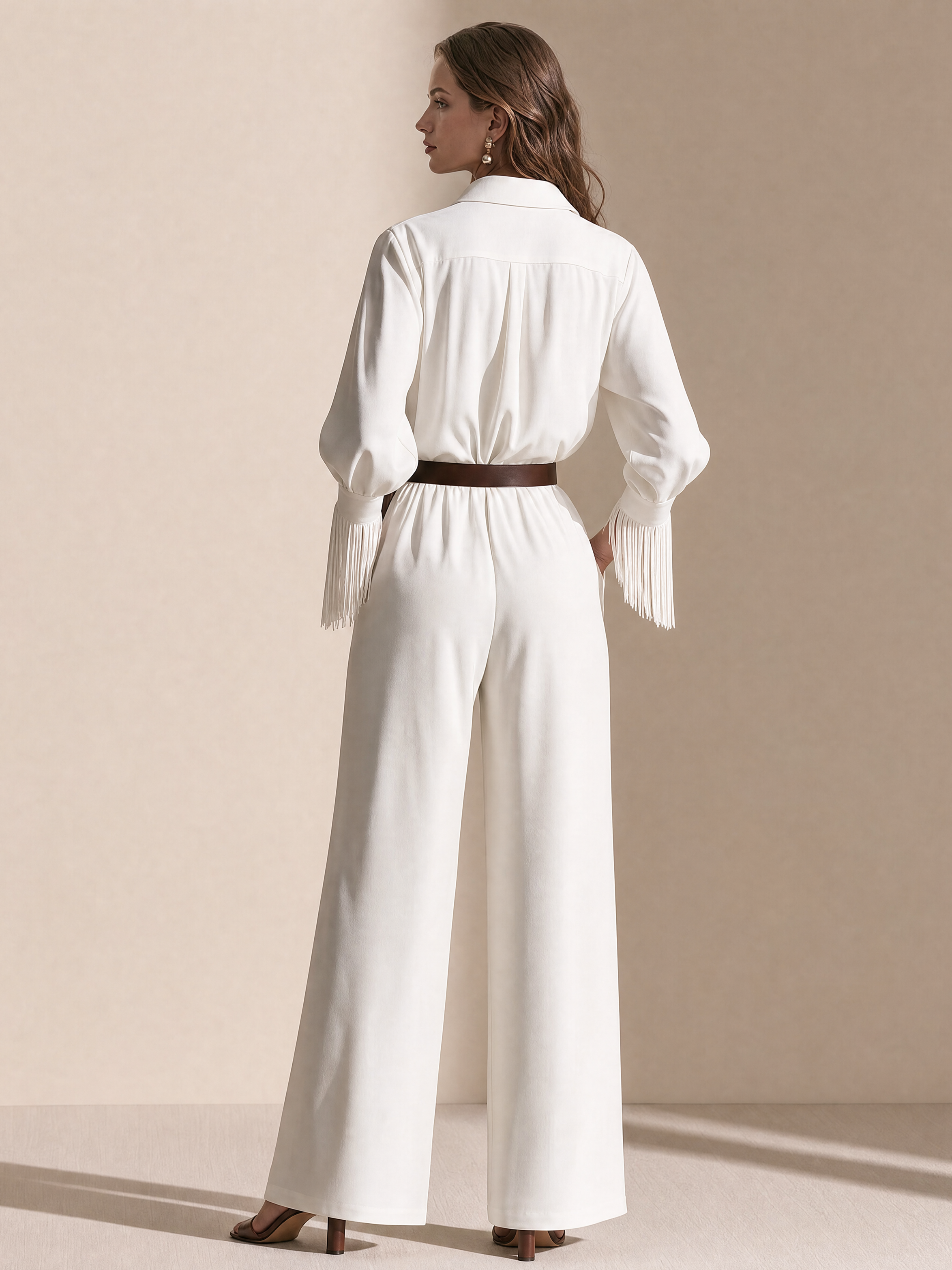 Elegant Ivory Fringe-Cuff Belted Wide-Leg Jumpsuit