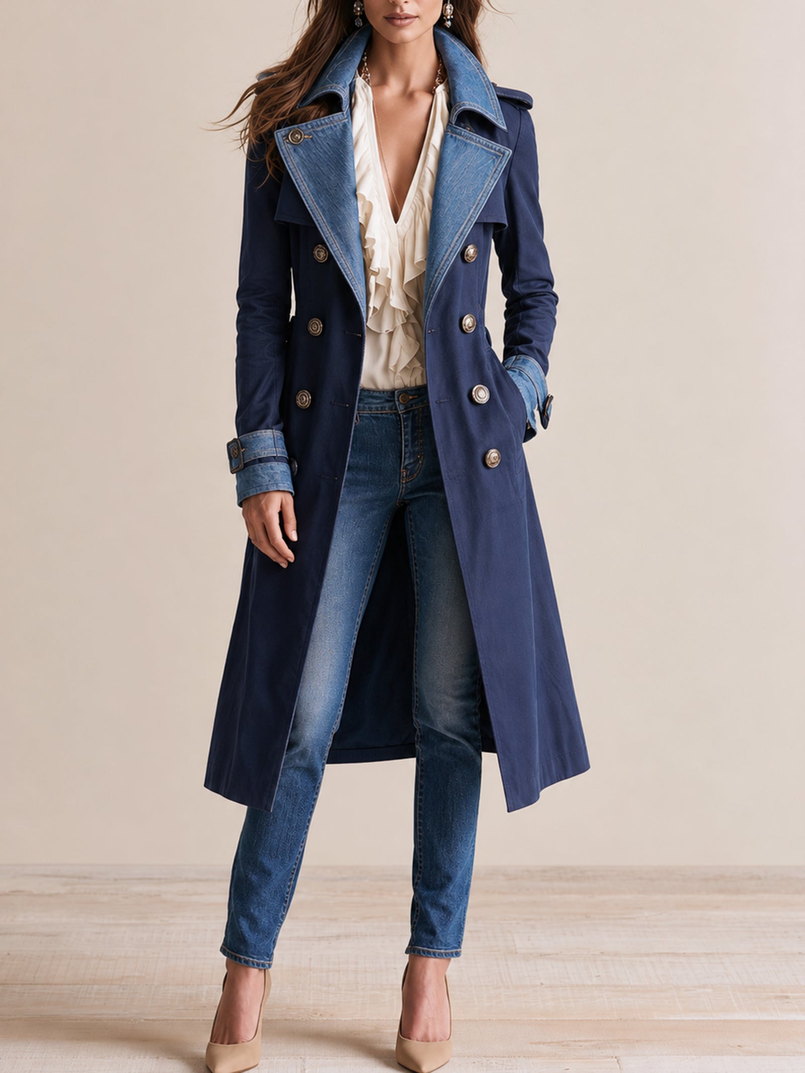 Navy Contrast Denim Lapel Double-Breasted Trench Coat