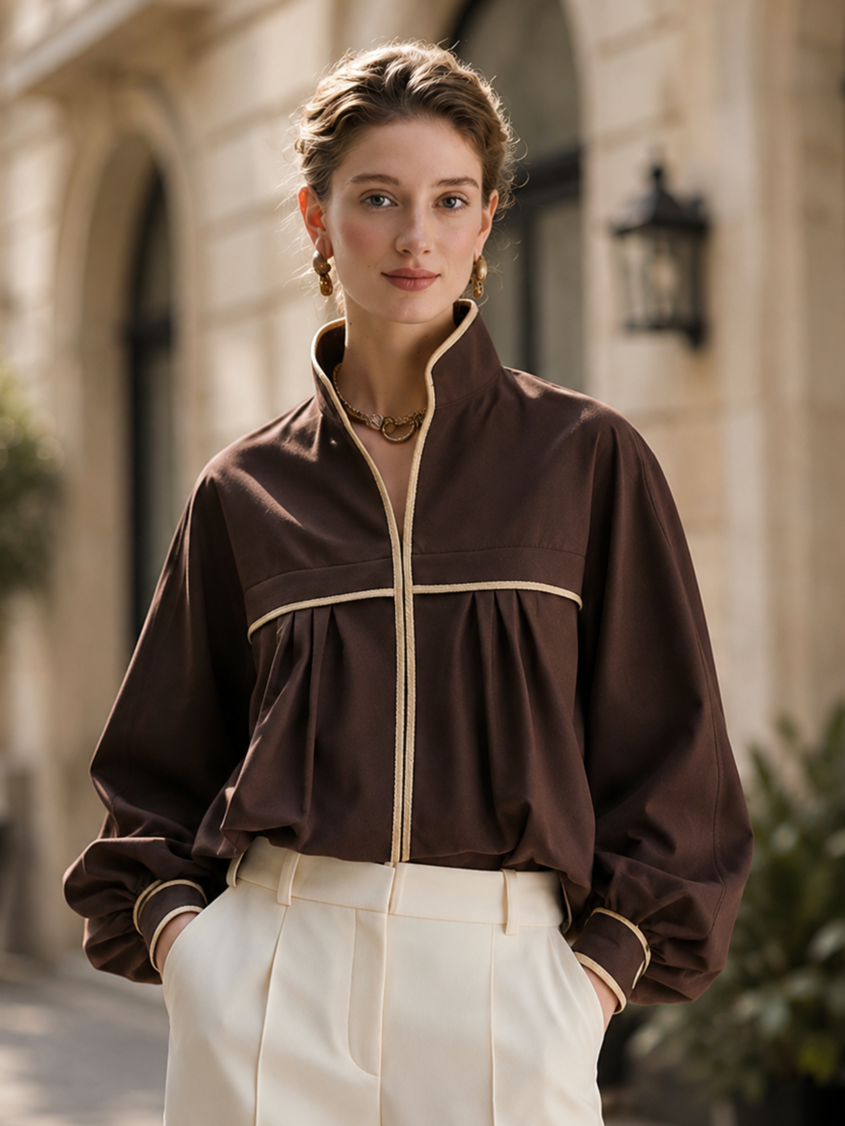 Elegant Brown Balloon-Hem Jacket With Ivory Piping