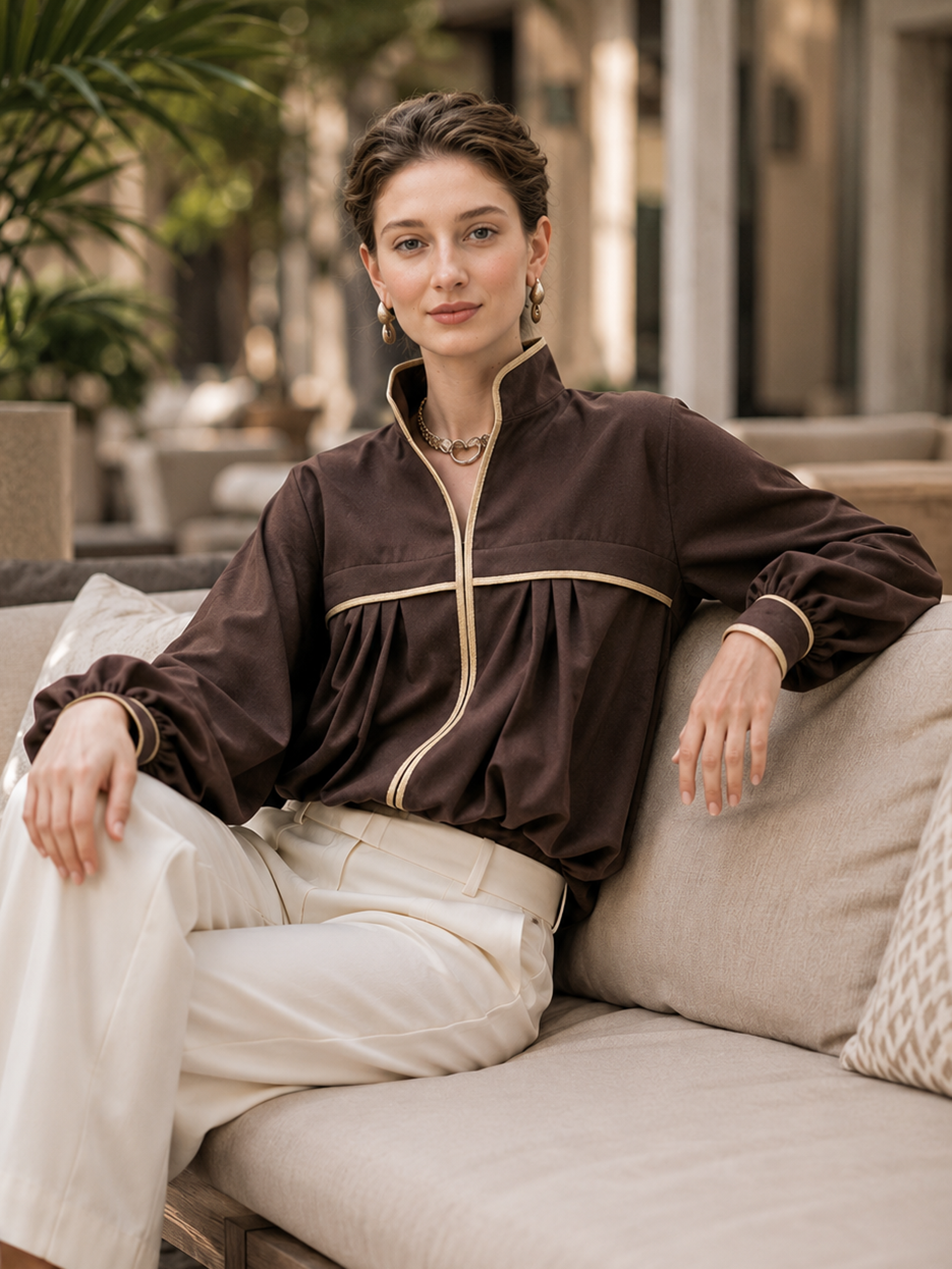Elegant Brown Balloon-Hem Jacket With Ivory Piping