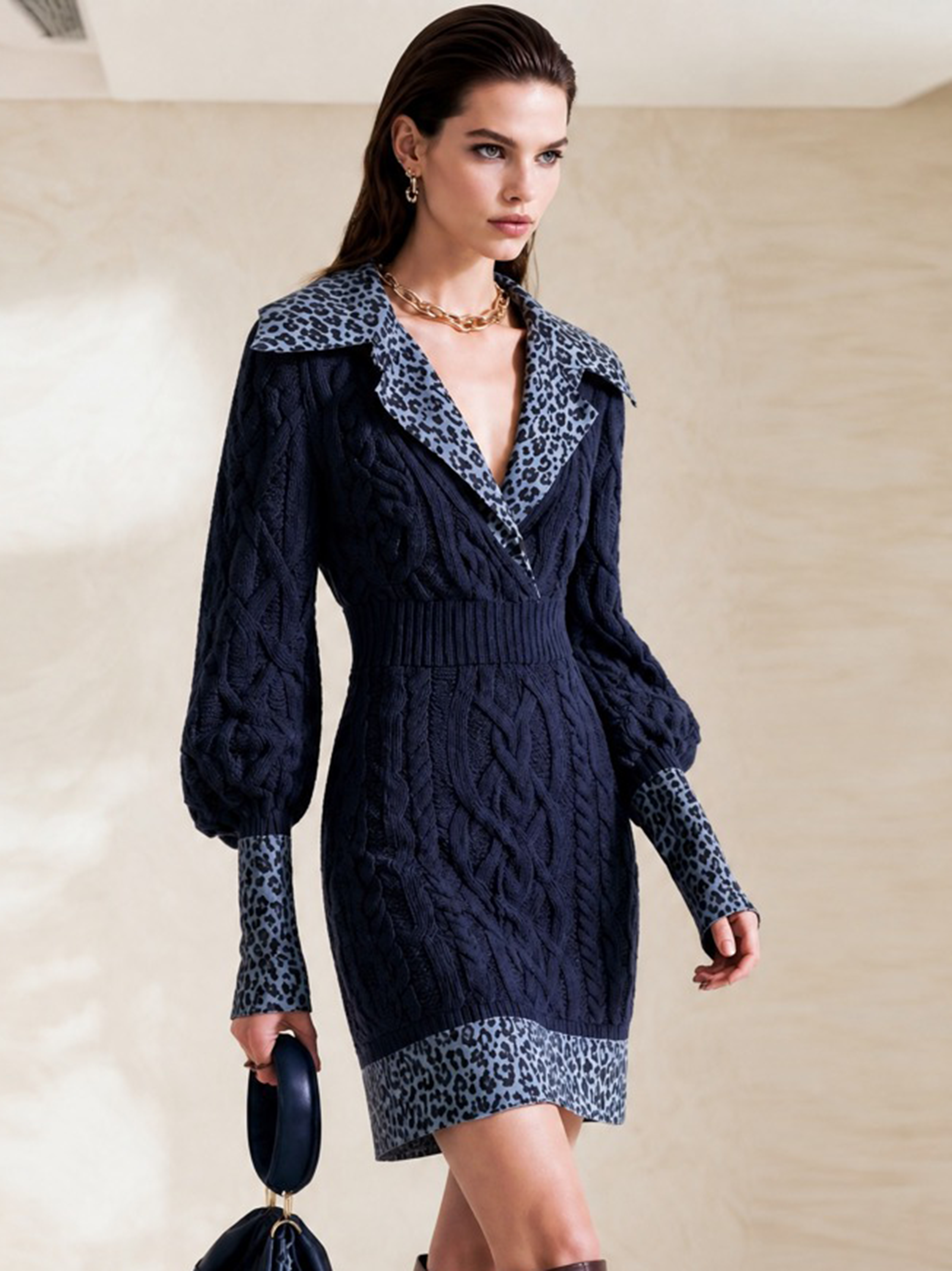 Navy Cable‑Knit Leopard‑Collar Fake Two‑Piece Mini Dress