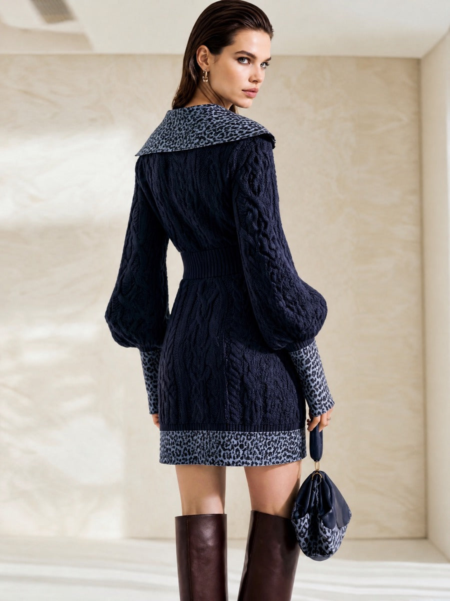 Navy Cable‑Knit Leopard‑Collar Fake Two‑Piece Mini Dress