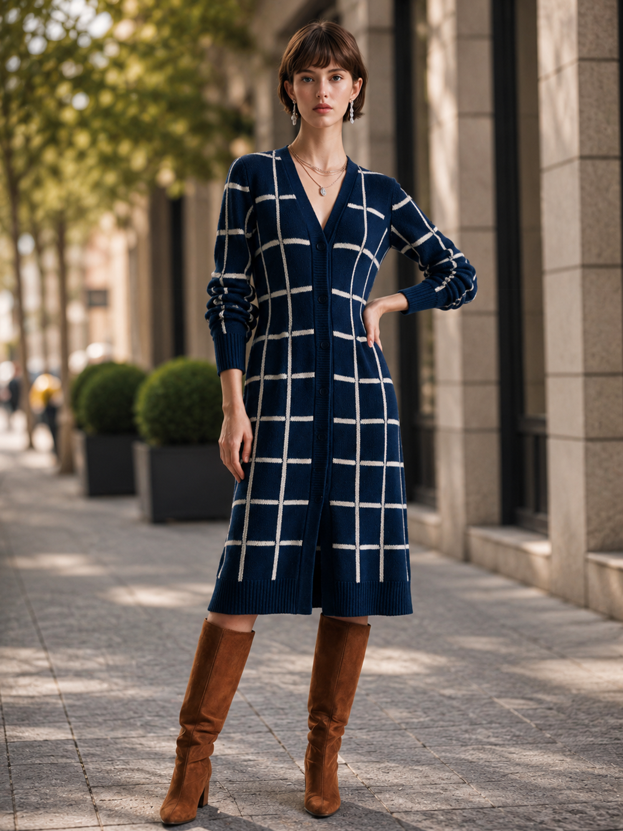 Elegant Navy Windowpane Knit Midi Dress With Ivory Contrast