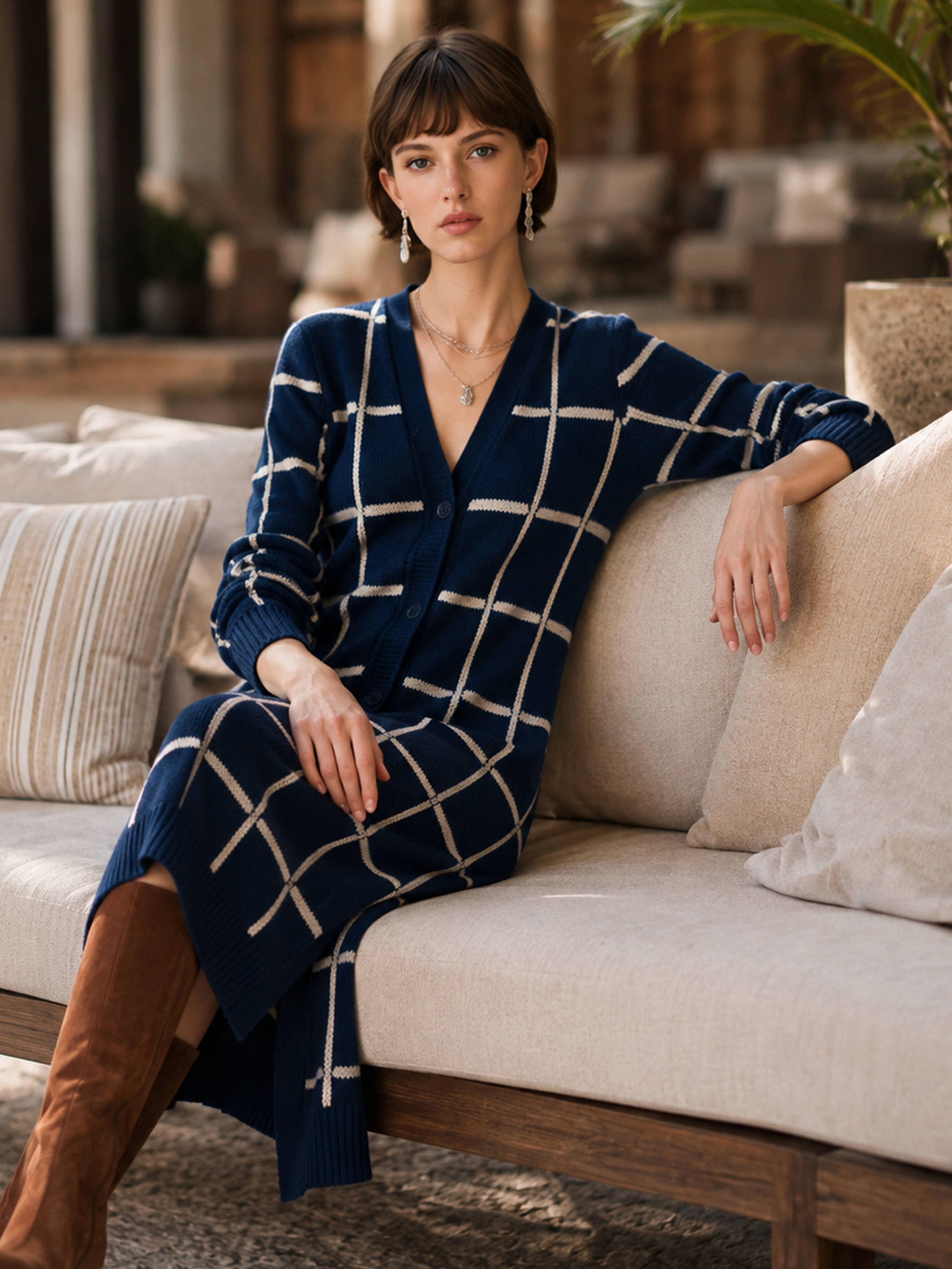 Elegant Navy Windowpane Knit Midi Dress With Ivory Contrast