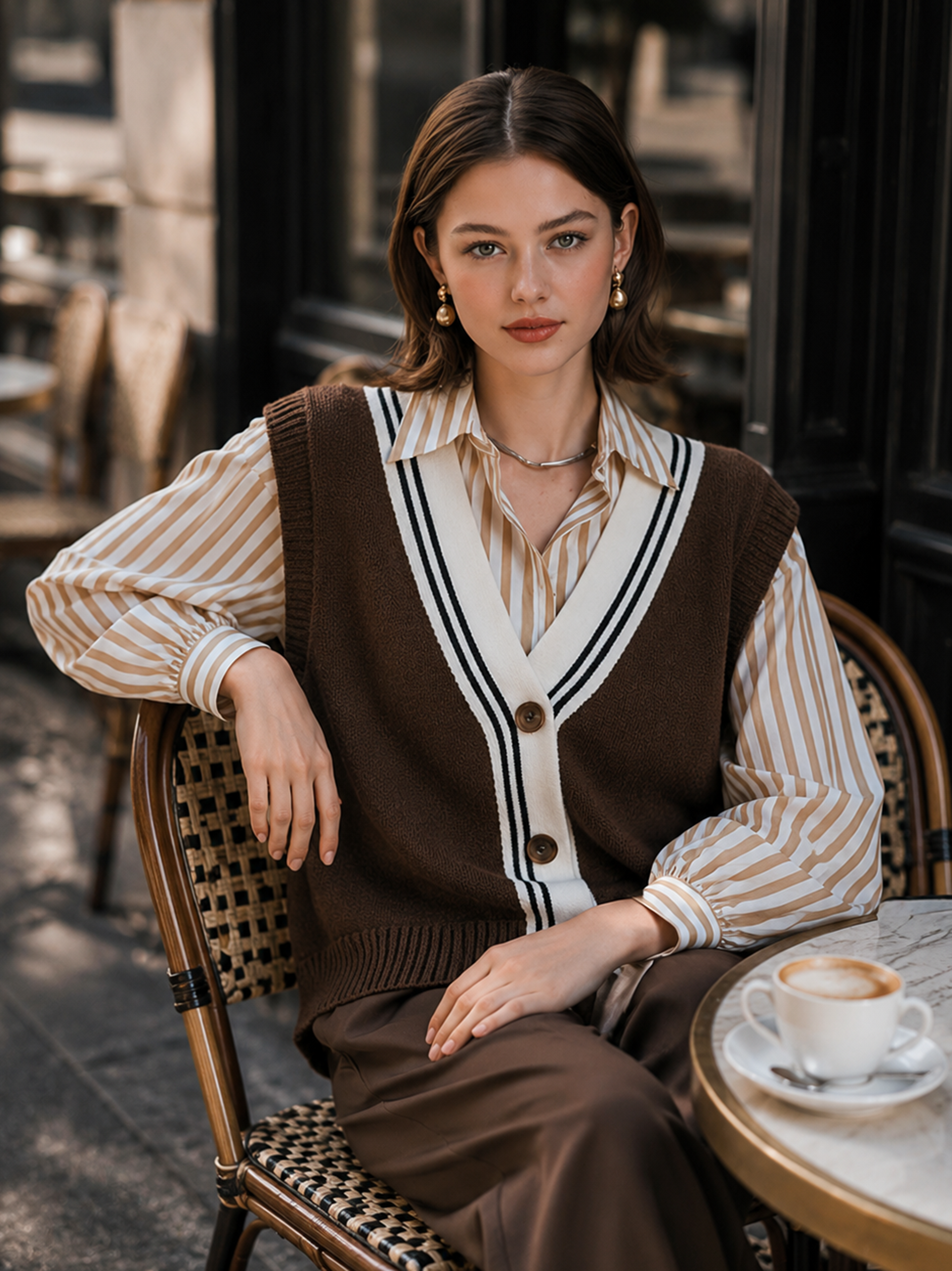 Elegant Brown & Ivory Contrast V-Neck Knit Button Vest