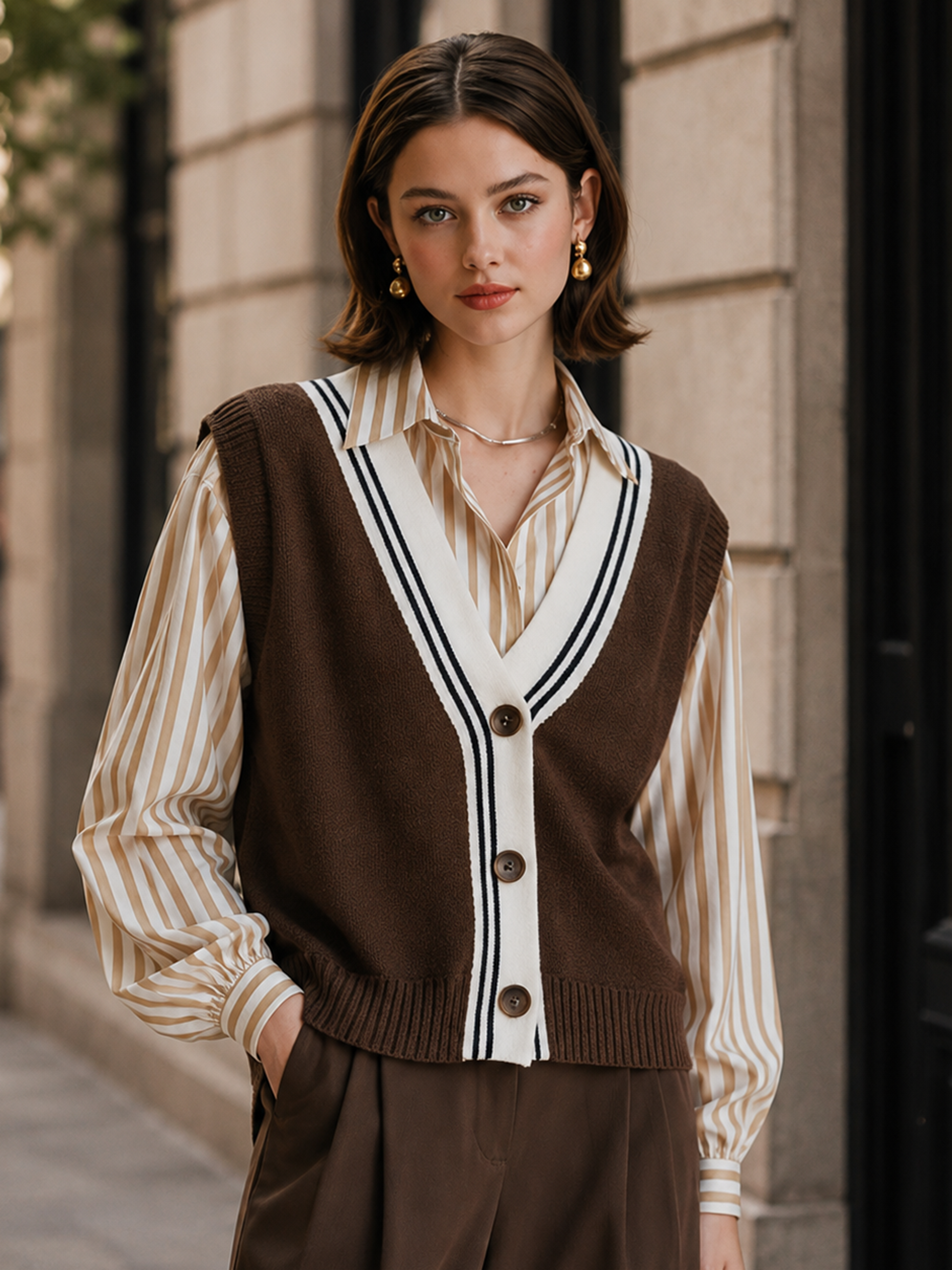 Elegant Brown & Ivory Contrast V-Neck Knit Button Vest