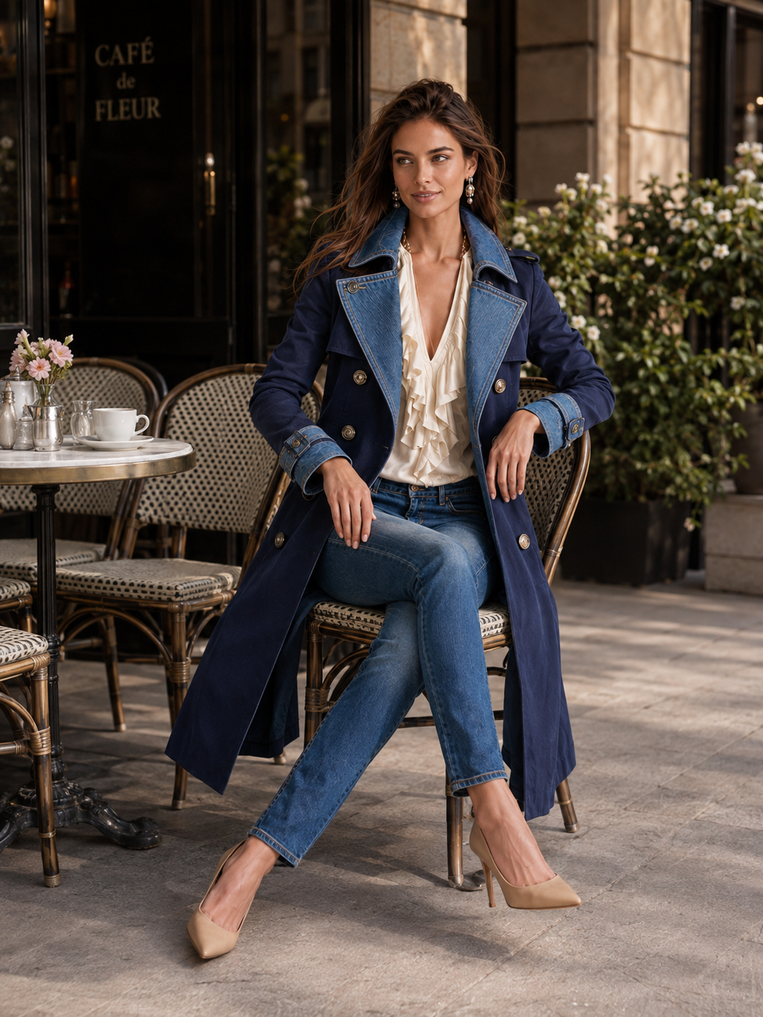Navy Contrast Denim Lapel Double-Breasted Trench Coat