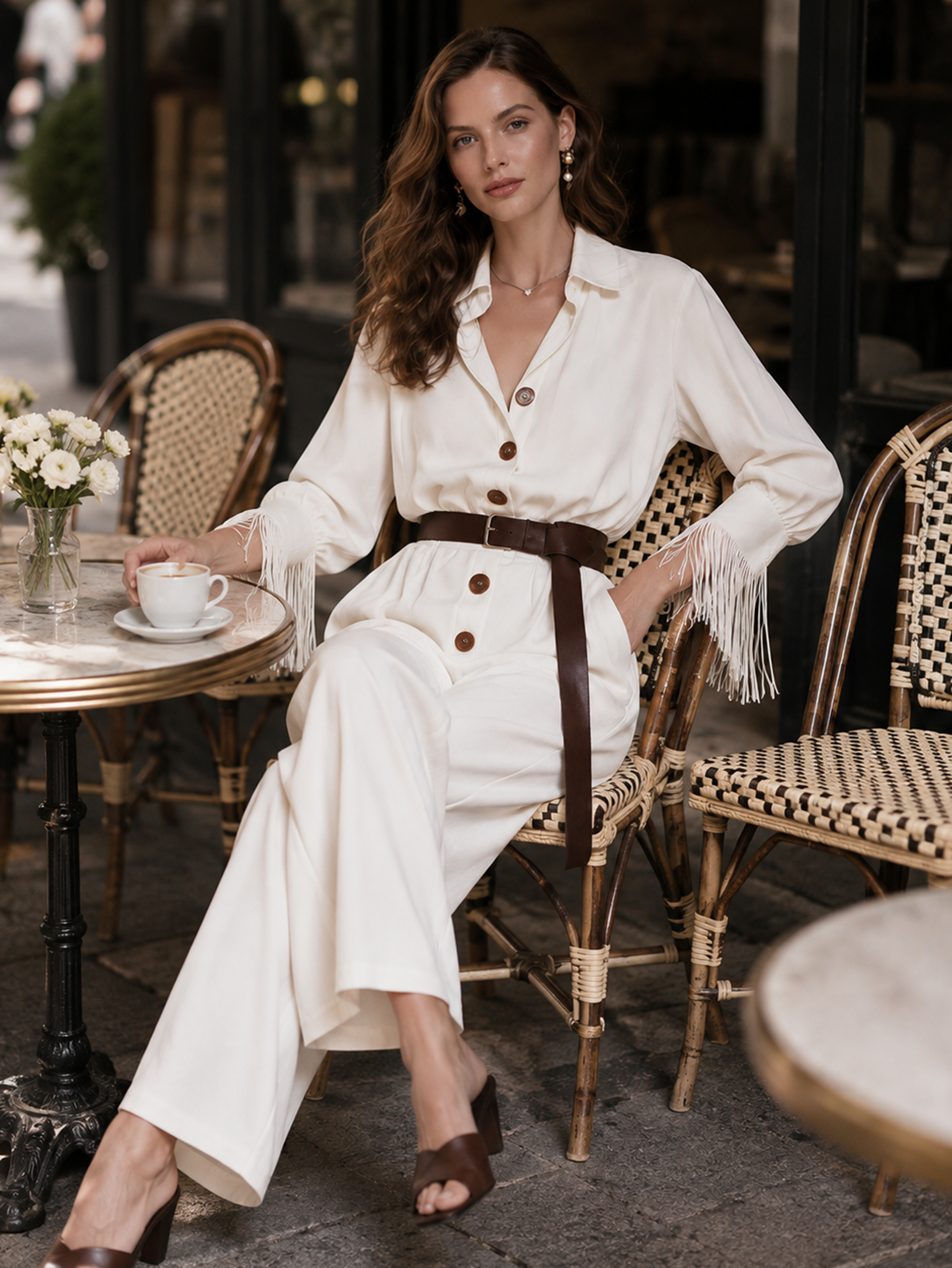 Elegant Ivory Fringe-Cuff Belted Wide-Leg Jumpsuit