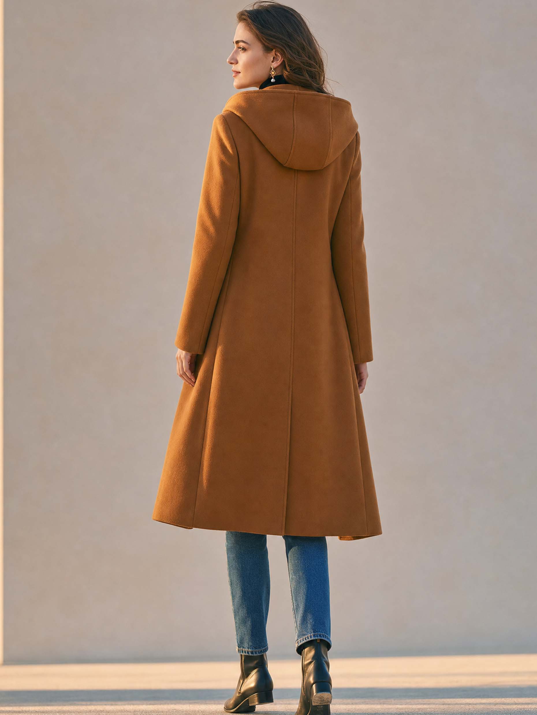 Camel Hooded Wool‑Blend Long Coat Outerwear