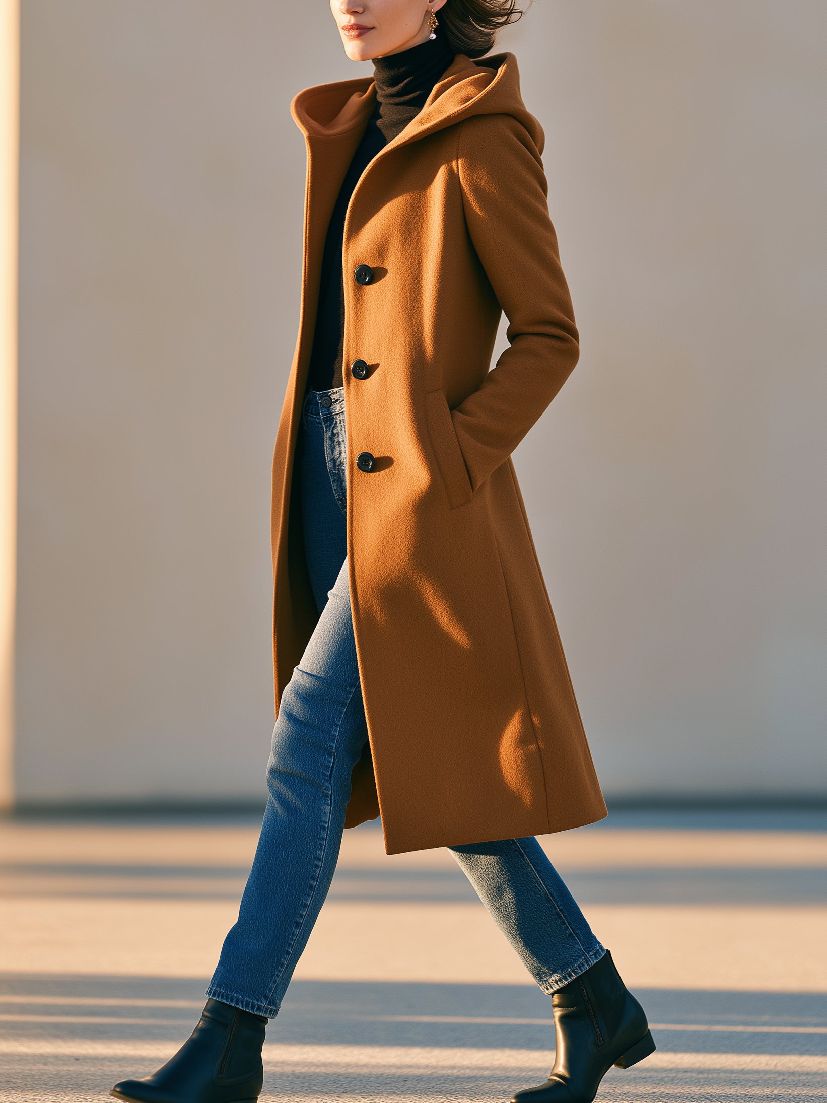 Camel Hooded Wool‑Blend Long Coat Outerwear