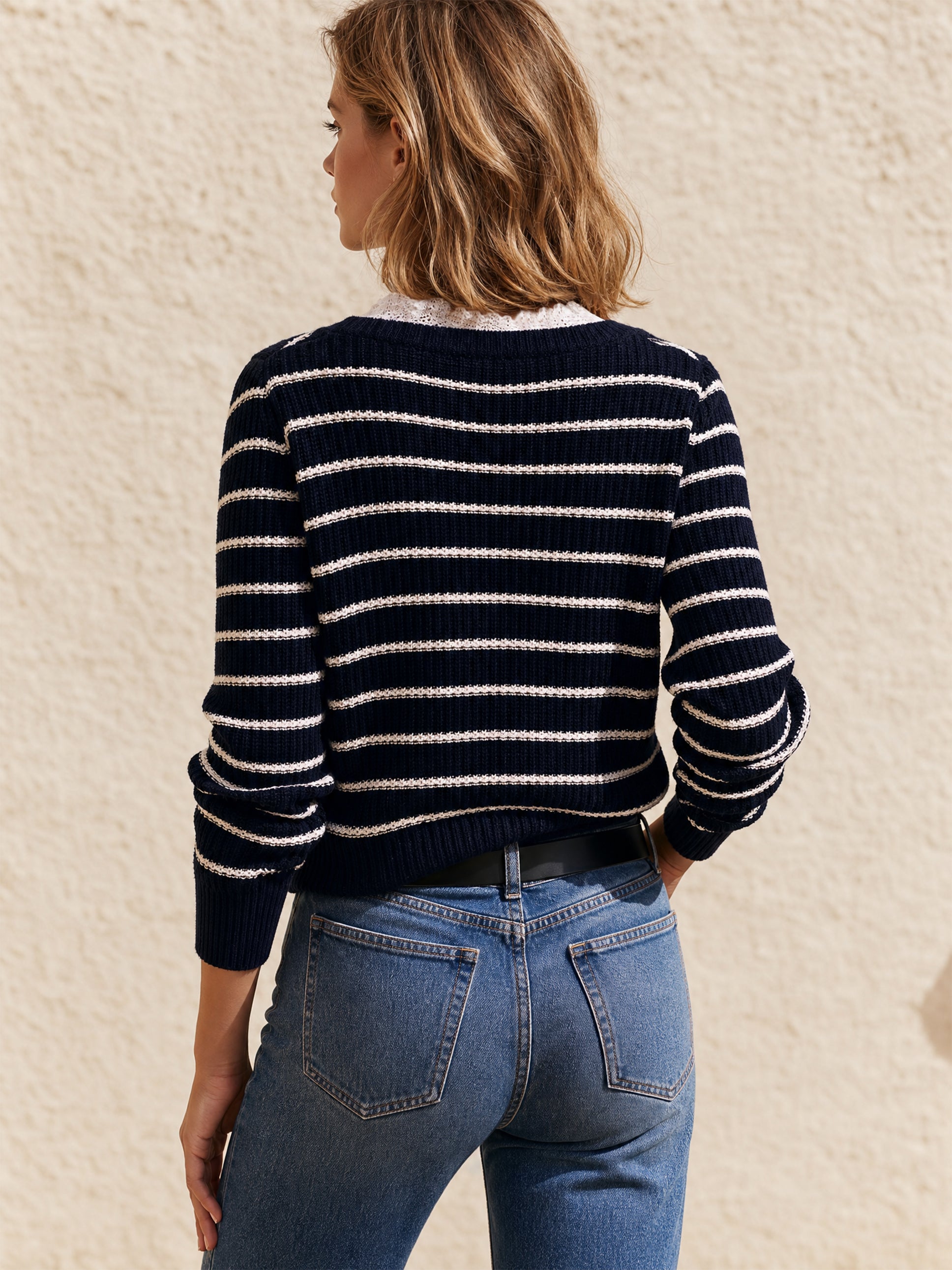 Navy‑White Stripe Faux‑Layer Sweater