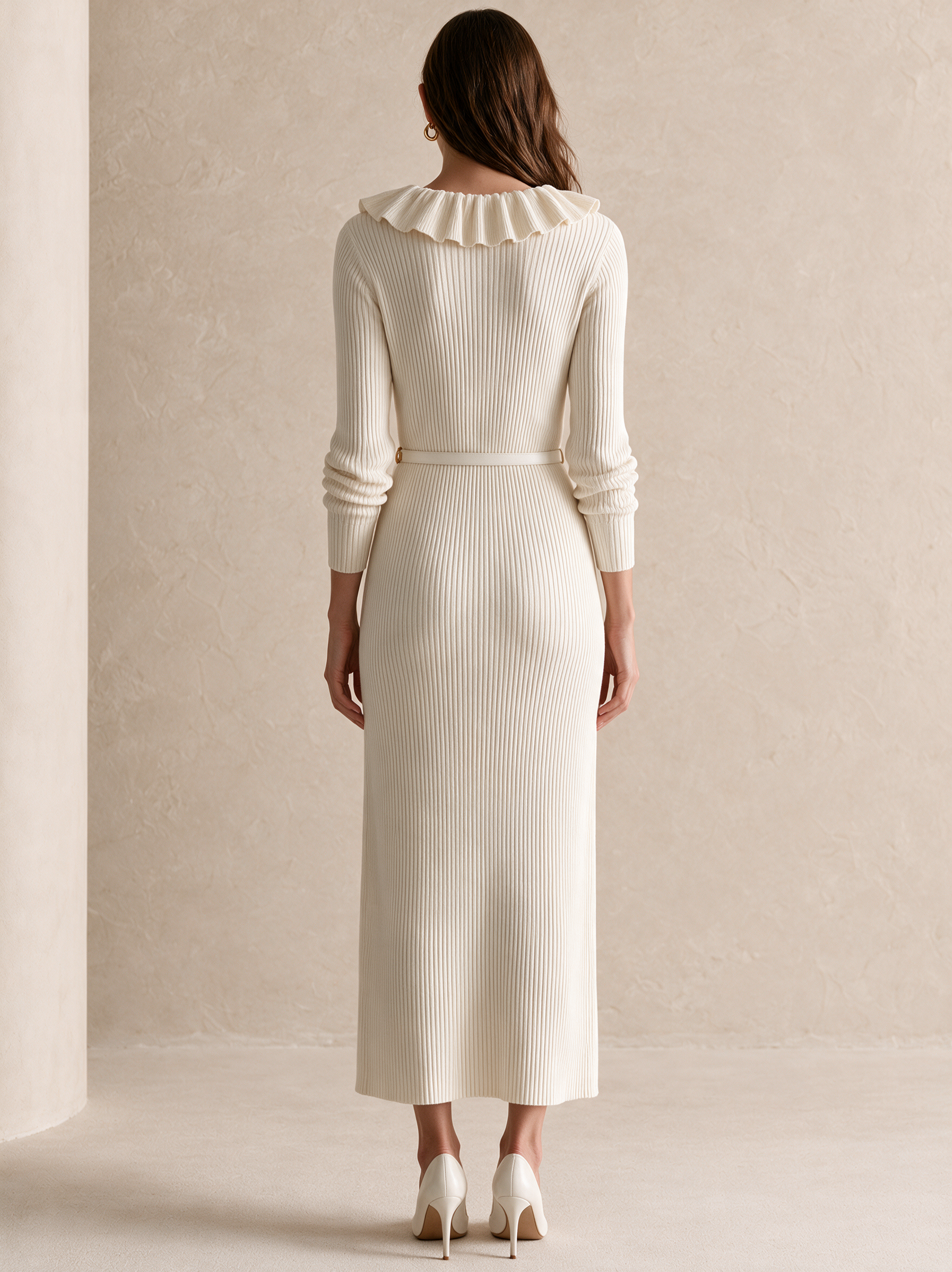 Ivory Ruffle V-Neck Button-Front Ribbed Knit Midi Dress