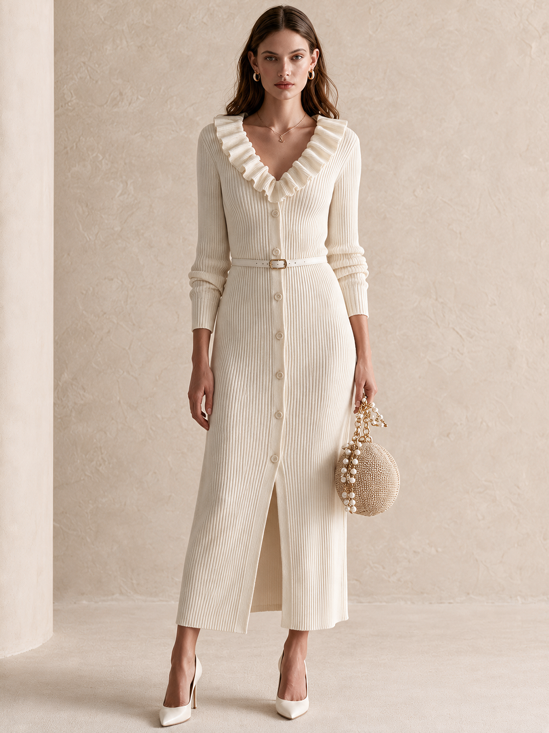 Ivory Ruffle V-Neck Button-Front Ribbed Knit Midi Dress
