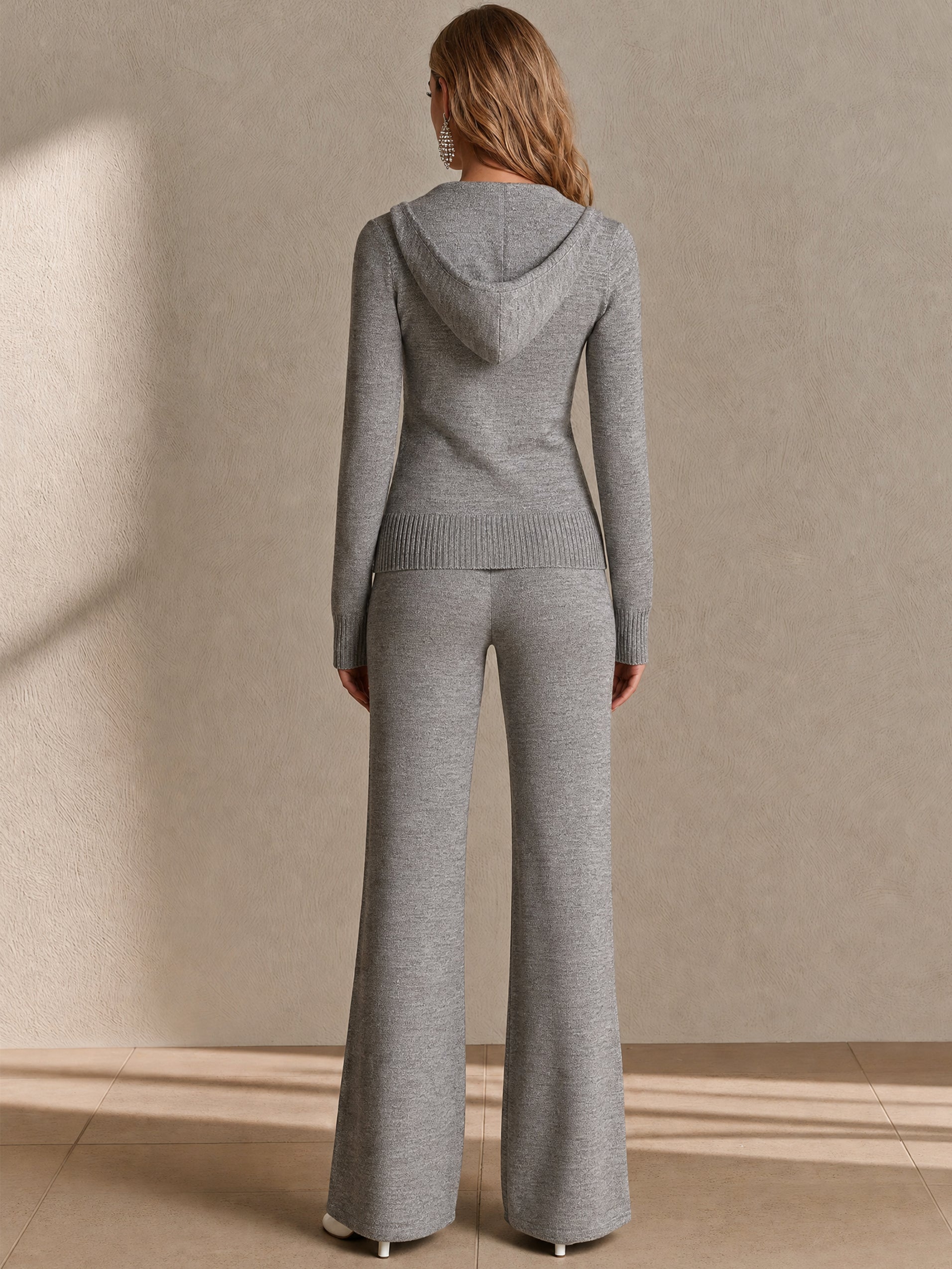 Ruffled Zip‑Up Hooded Jacket & Drawstring Flared Trousers Set