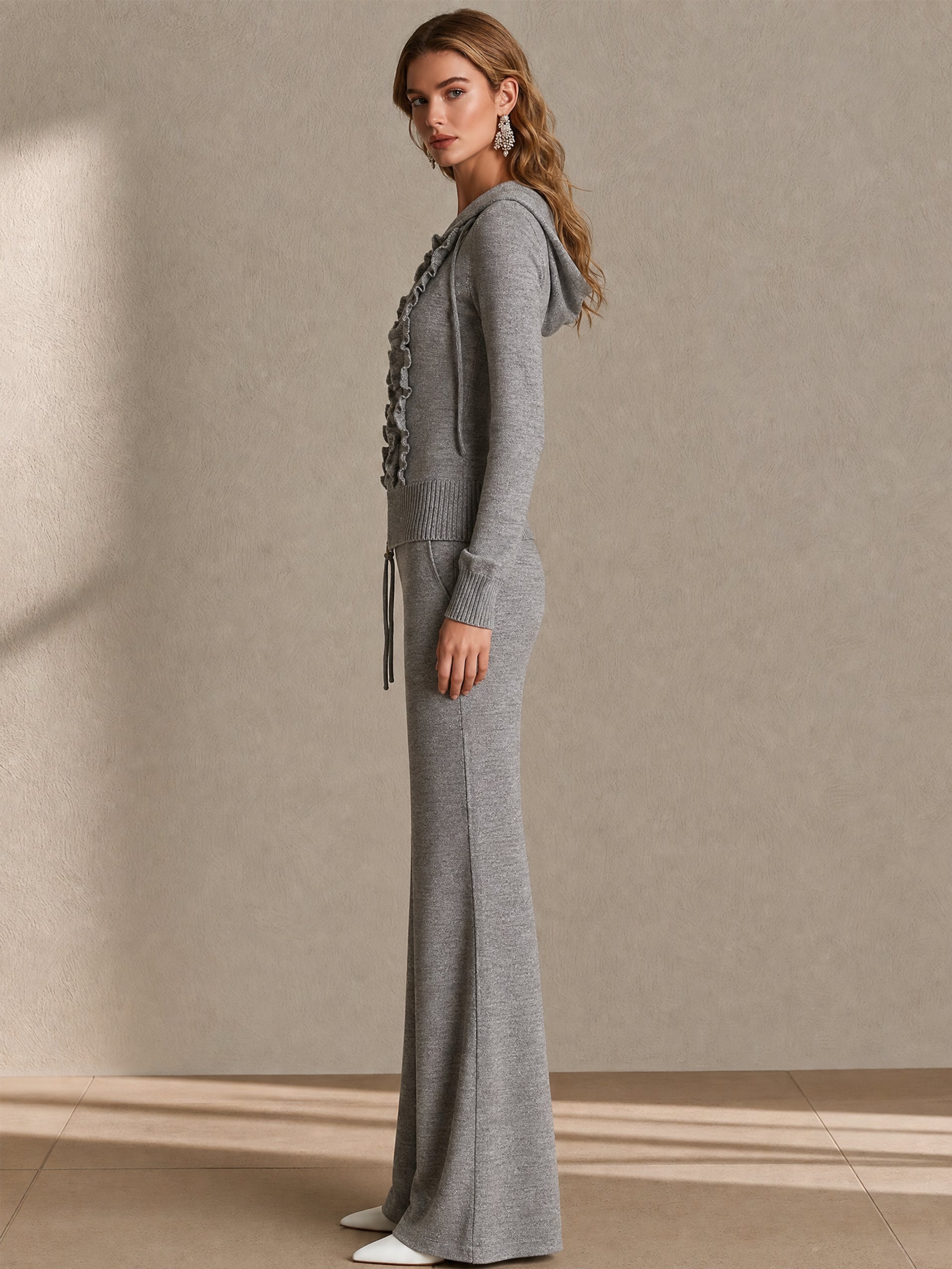 Ruffled Zip‑Up Hooded Jacket & Drawstring Flared Trousers Set