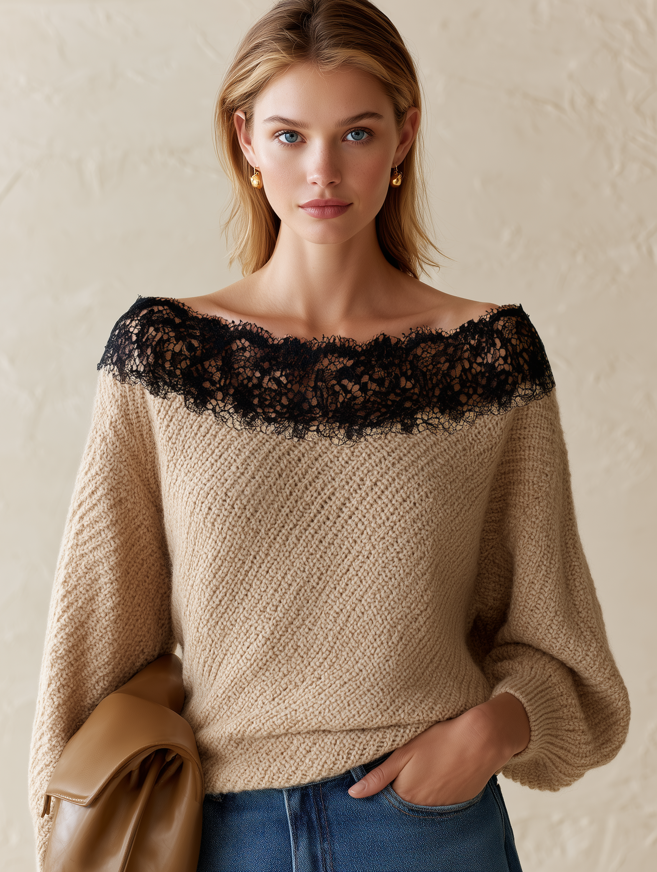 Oat Lace Off‑The‑Shoulder Loose Pullover Sweater