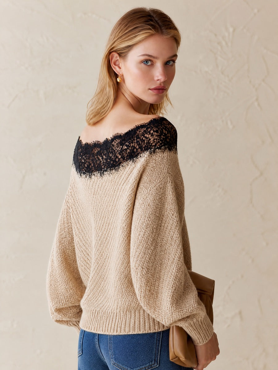 Oat Lace Off‑The‑Shoulder Loose Pullover Sweater