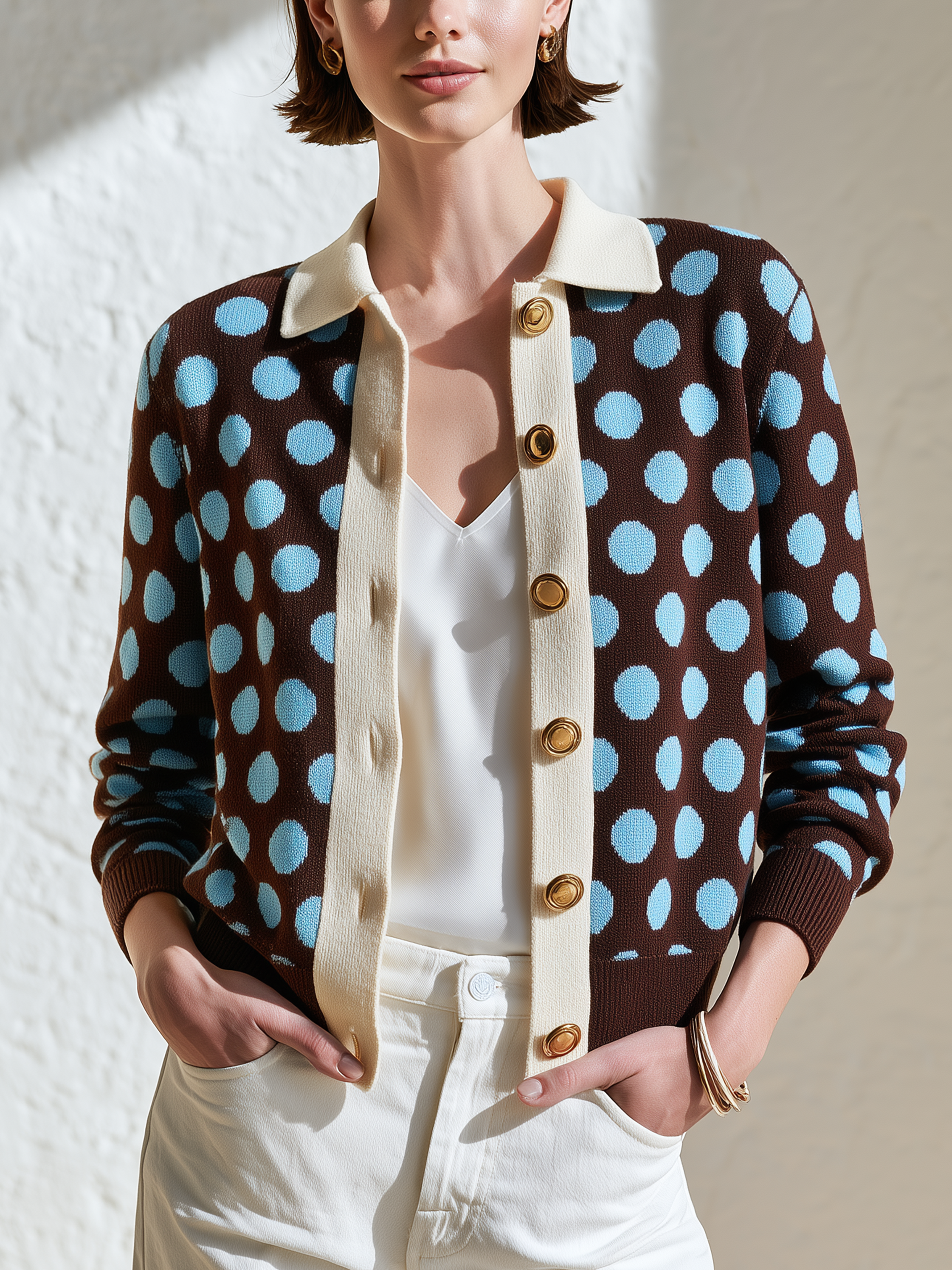 Vintage Polka‑Dot Contrast‑Collar Gold‑Button Cropped Cardigan