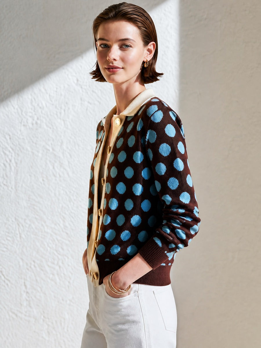 Vintage Polka‑Dot Contrast‑Collar Gold‑Button Cropped Cardigan