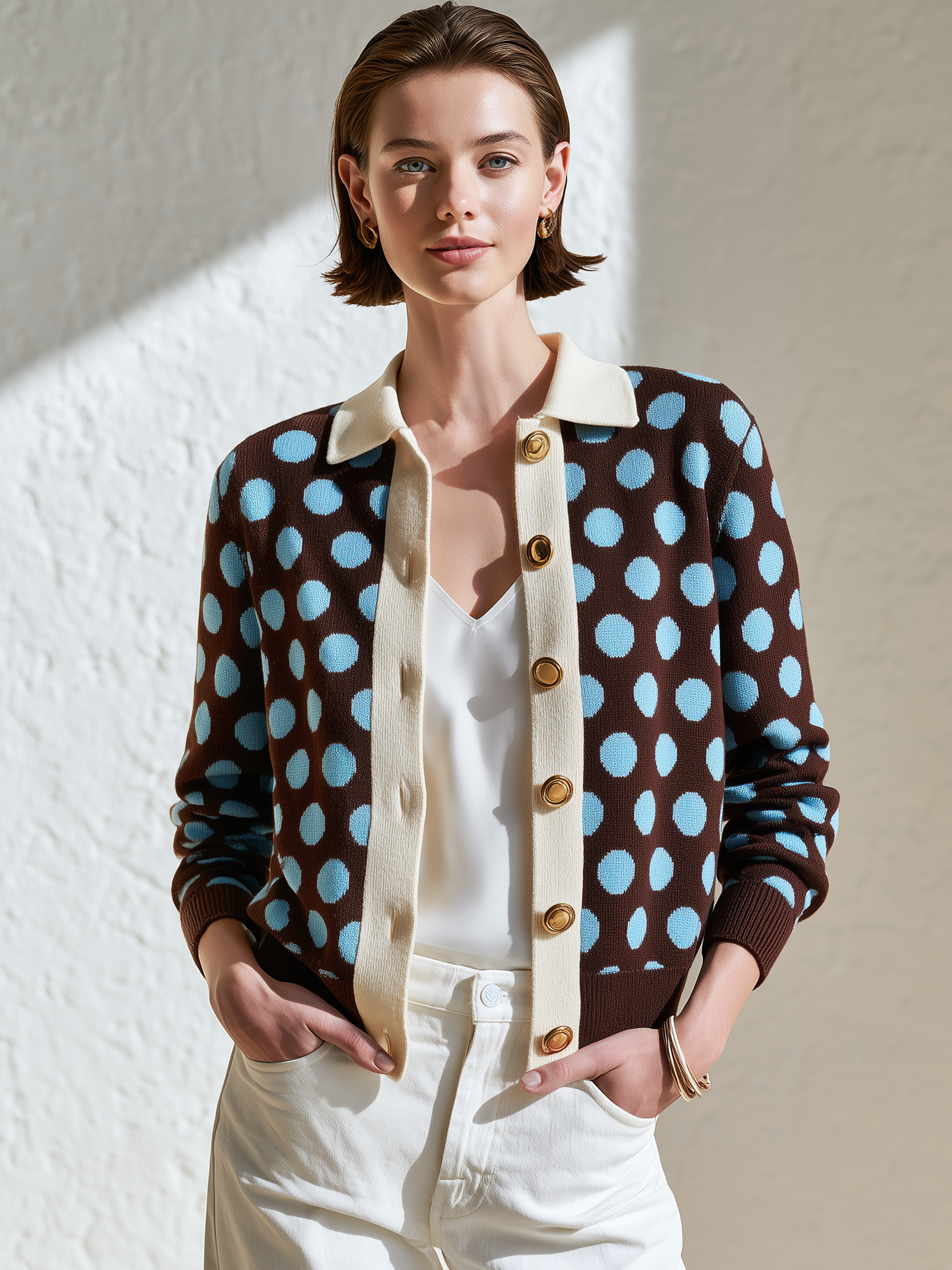 Vintage Polka‑Dot Contrast‑Collar Gold‑Button Cropped Cardigan