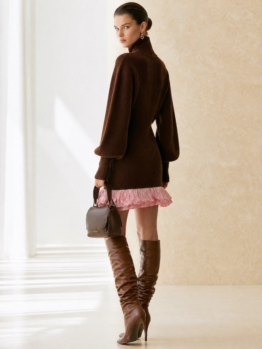 Lantern‑Sleeve Contrast‑Stripe Hem Knit Mini Dress