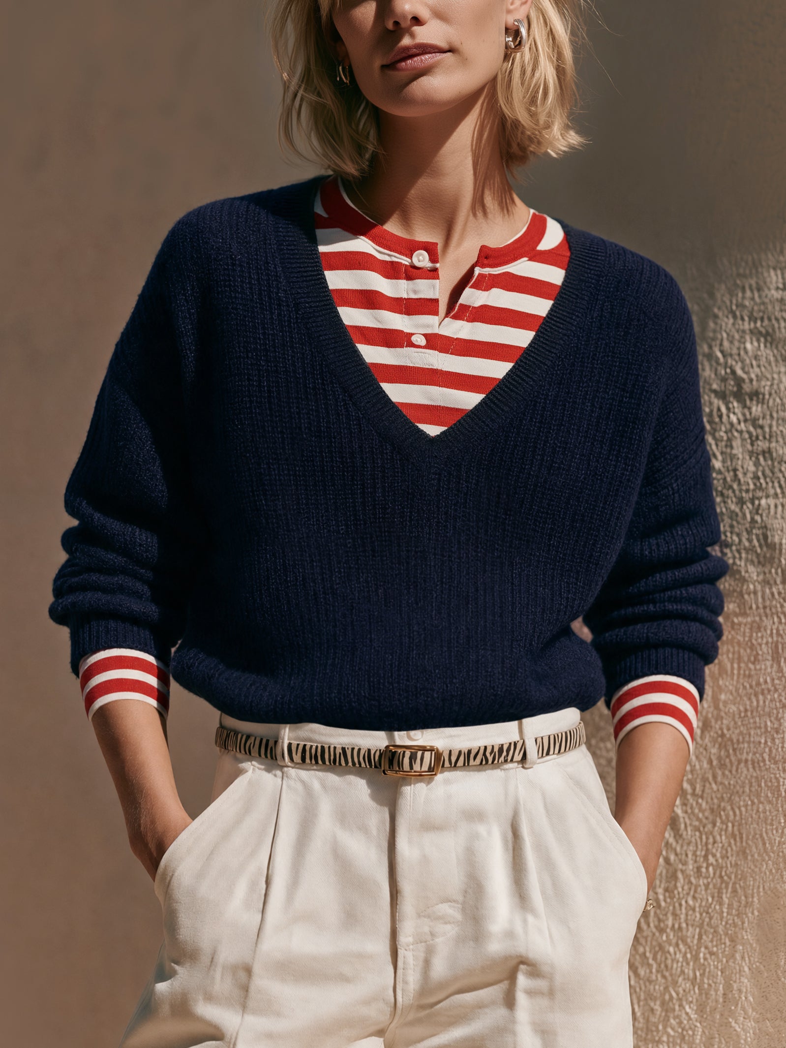 V‑Neck Faux Two‑Piece Knit Sweater