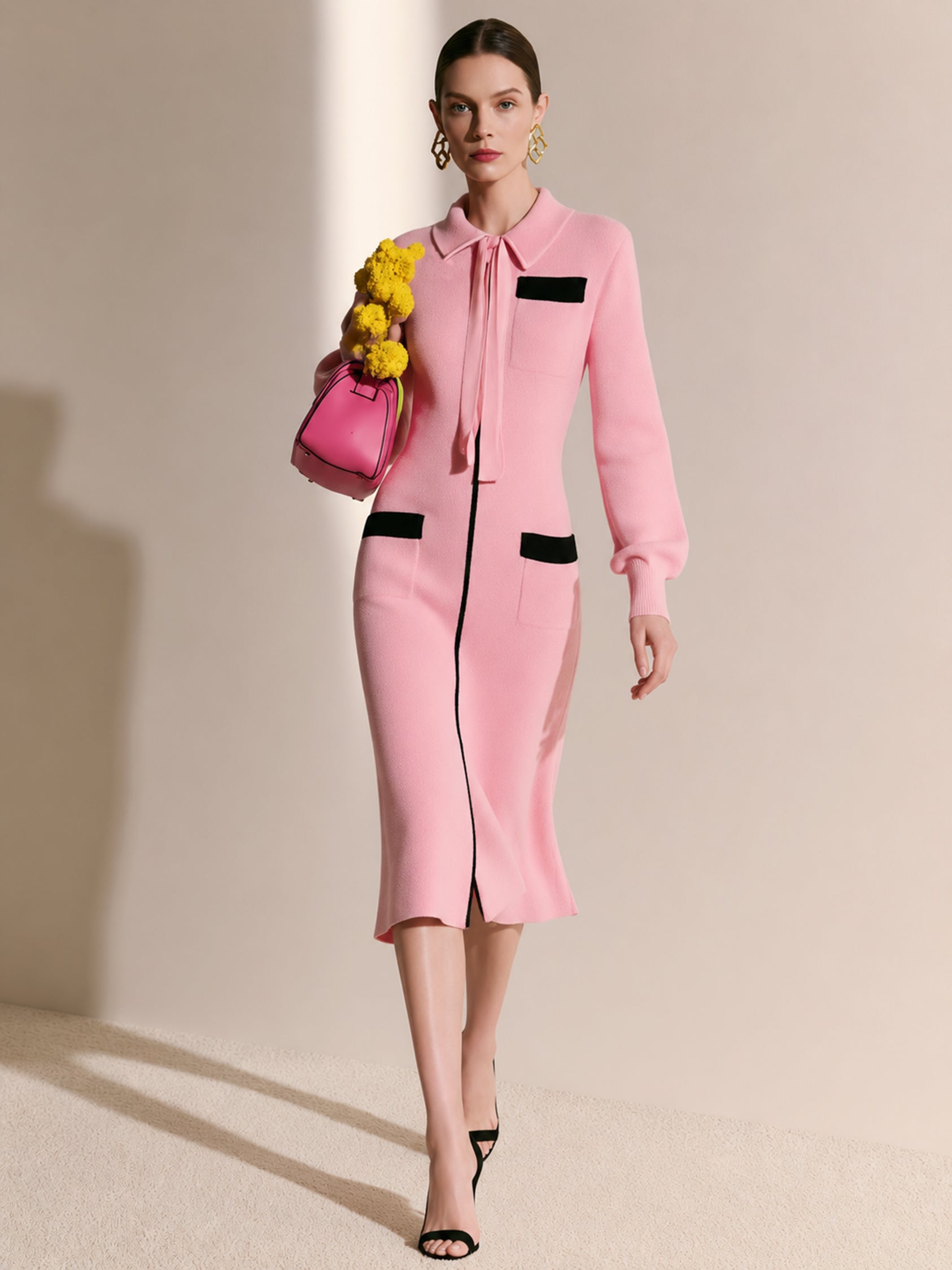 Pink Contrast-Trim Tie-Neck Knit Midi Dress