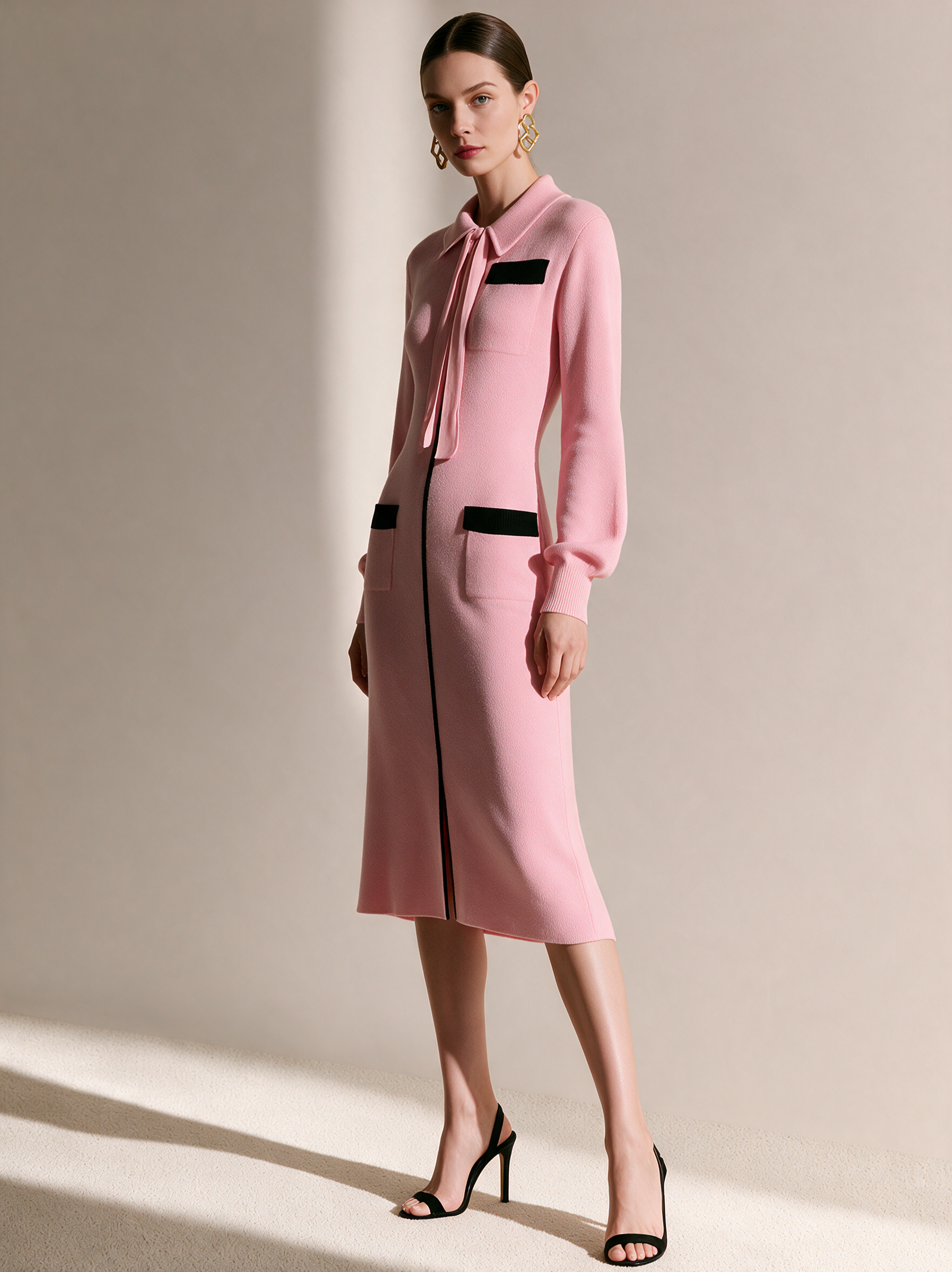 Pink Contrast-Trim Tie-Neck Knit Midi Dress