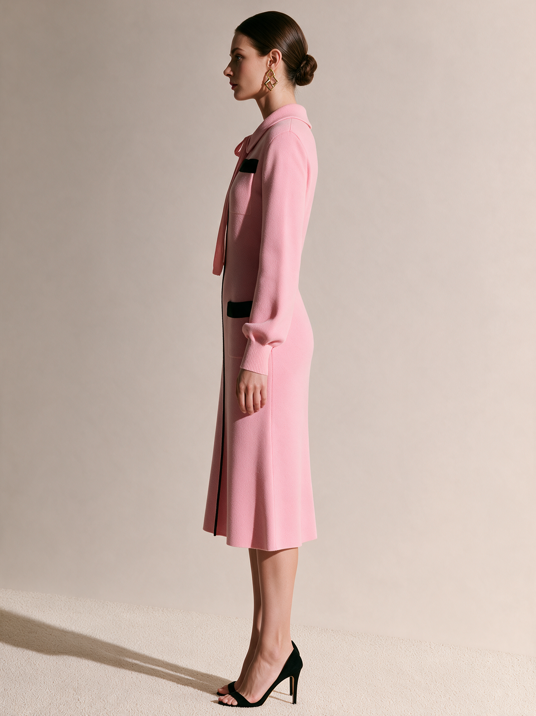 Pink Contrast-Trim Tie-Neck Knit Midi Dress
