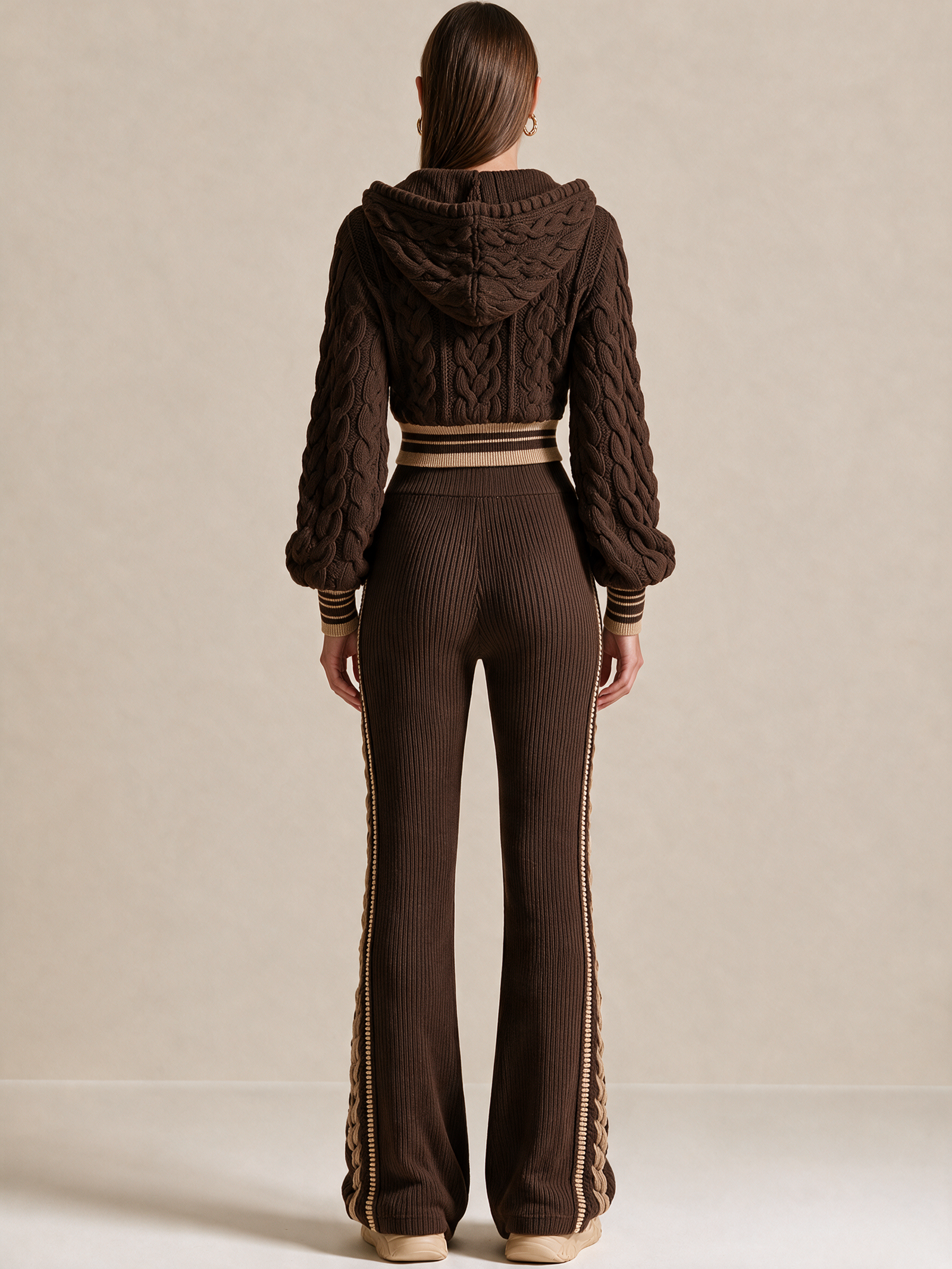 Chocolate Cable-Knit Zip-Up Hooded Cardigan With Contrast Stripe Trim
