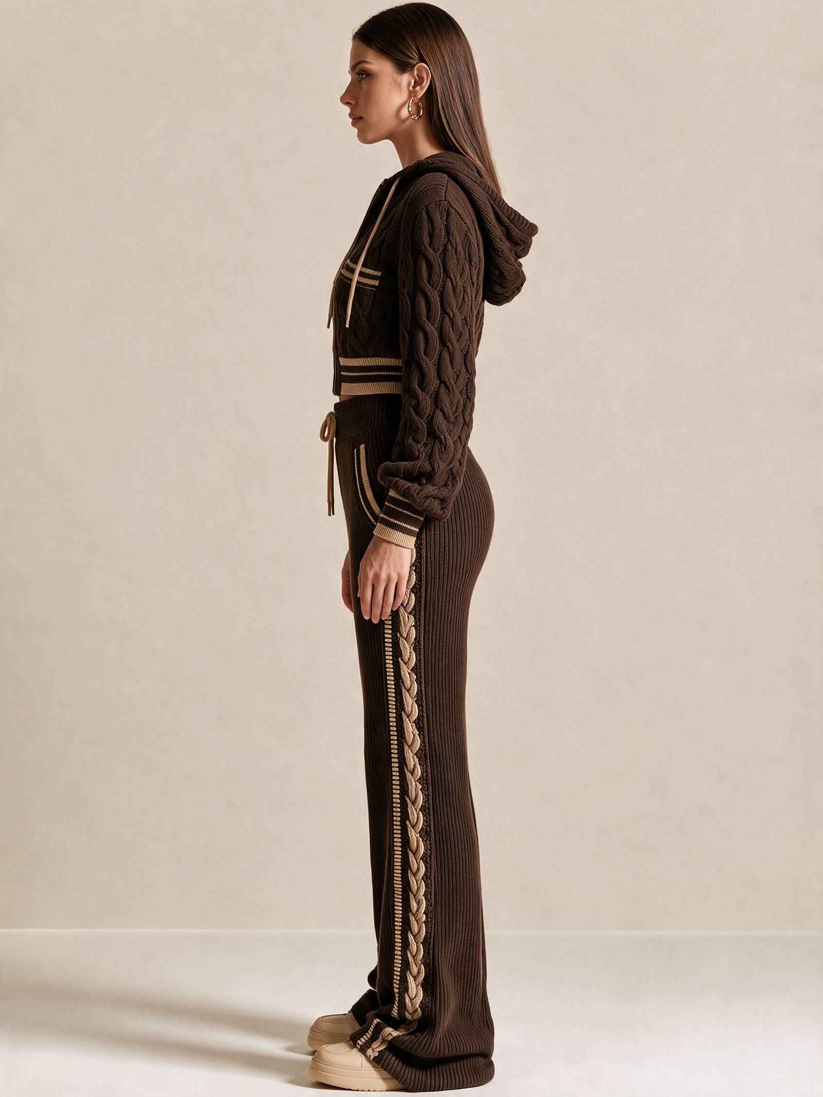 Chocolate Cable-Knit Zip-Up Hooded Cardigan With Contrast Stripe Trim