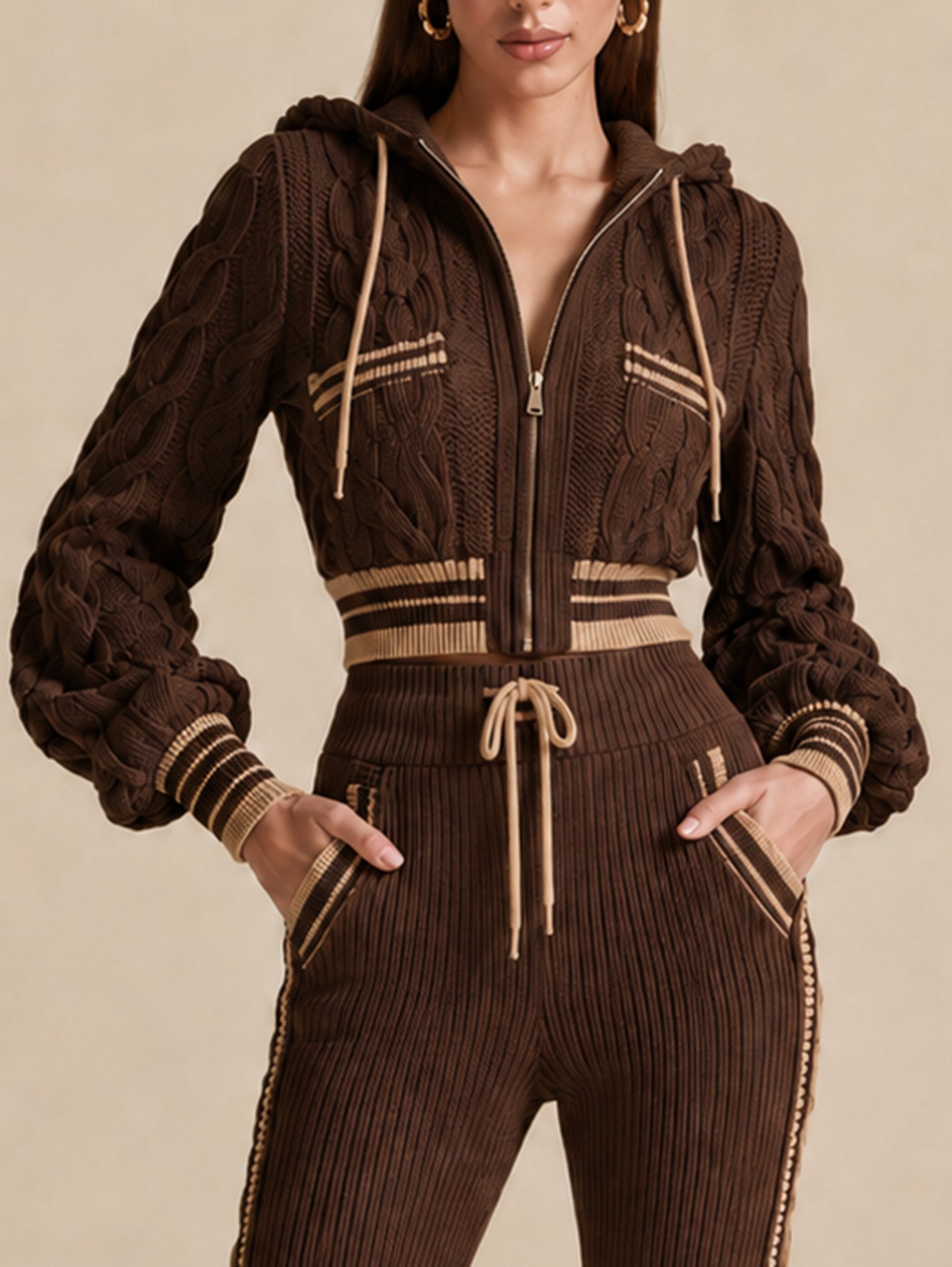 Chocolate Cable-Knit Zip-Up Hooded Cardigan With Contrast Stripe Trim