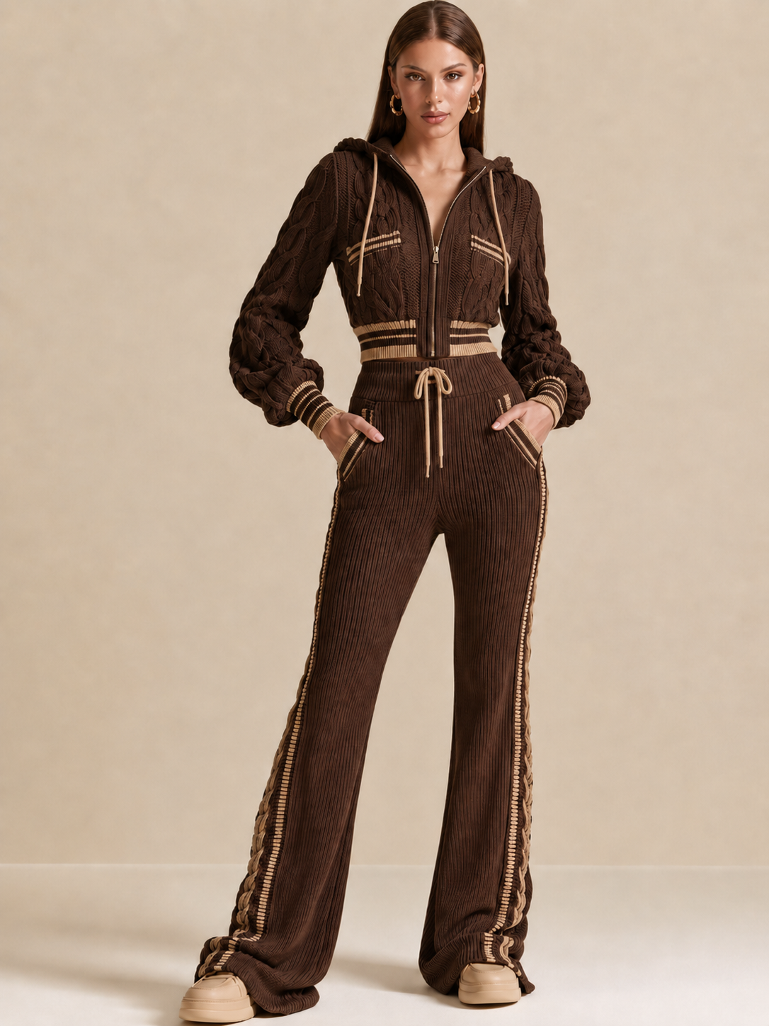 Chocolate Ribbed Knit Wide-Leg Pants With Drawstring Waist And Contrast Side Trim