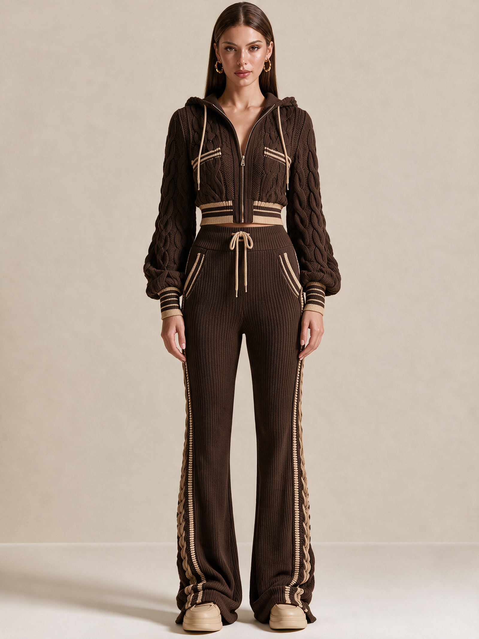 Chocolate Ribbed Knit Wide-Leg Pants With Drawstring Waist And Contrast Side Trim