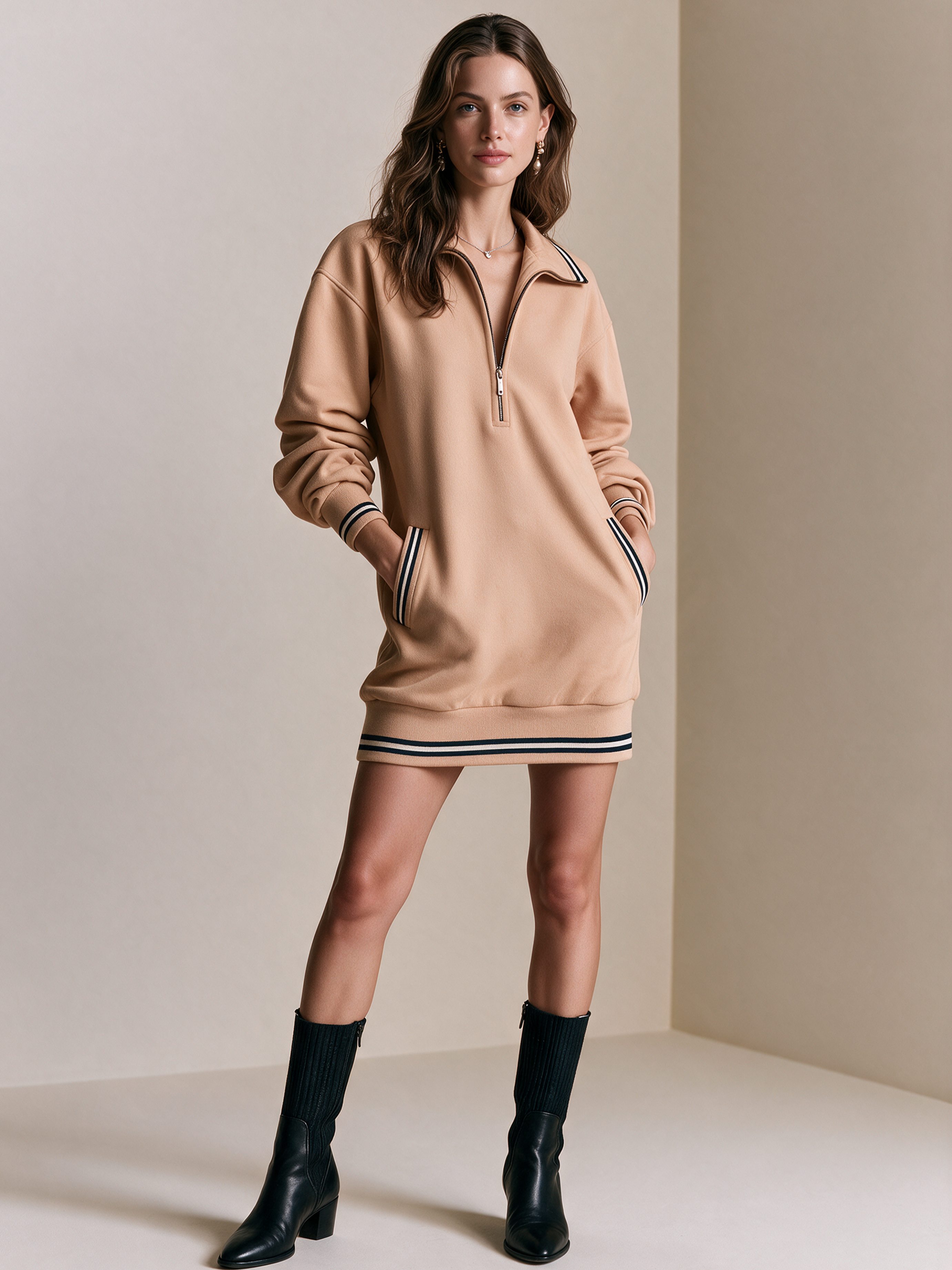 Elegant Beige Contrast Stripe Half-Zip Sweatshirt Dress