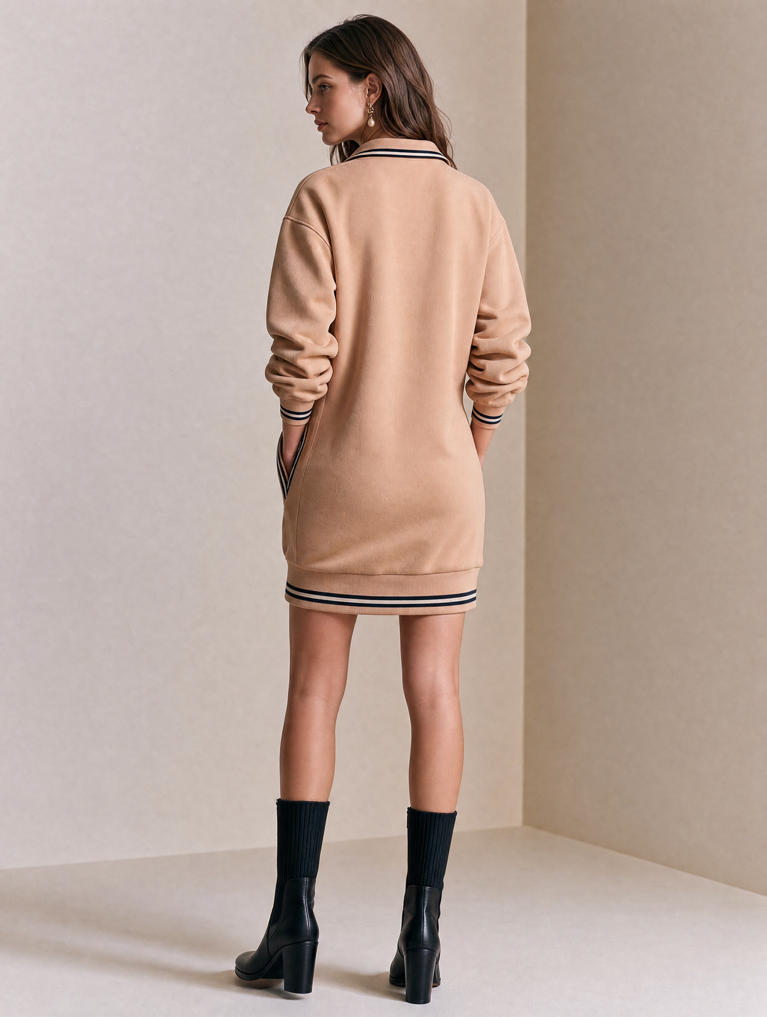 Elegant Beige Contrast Stripe Half-Zip Sweatshirt Dress