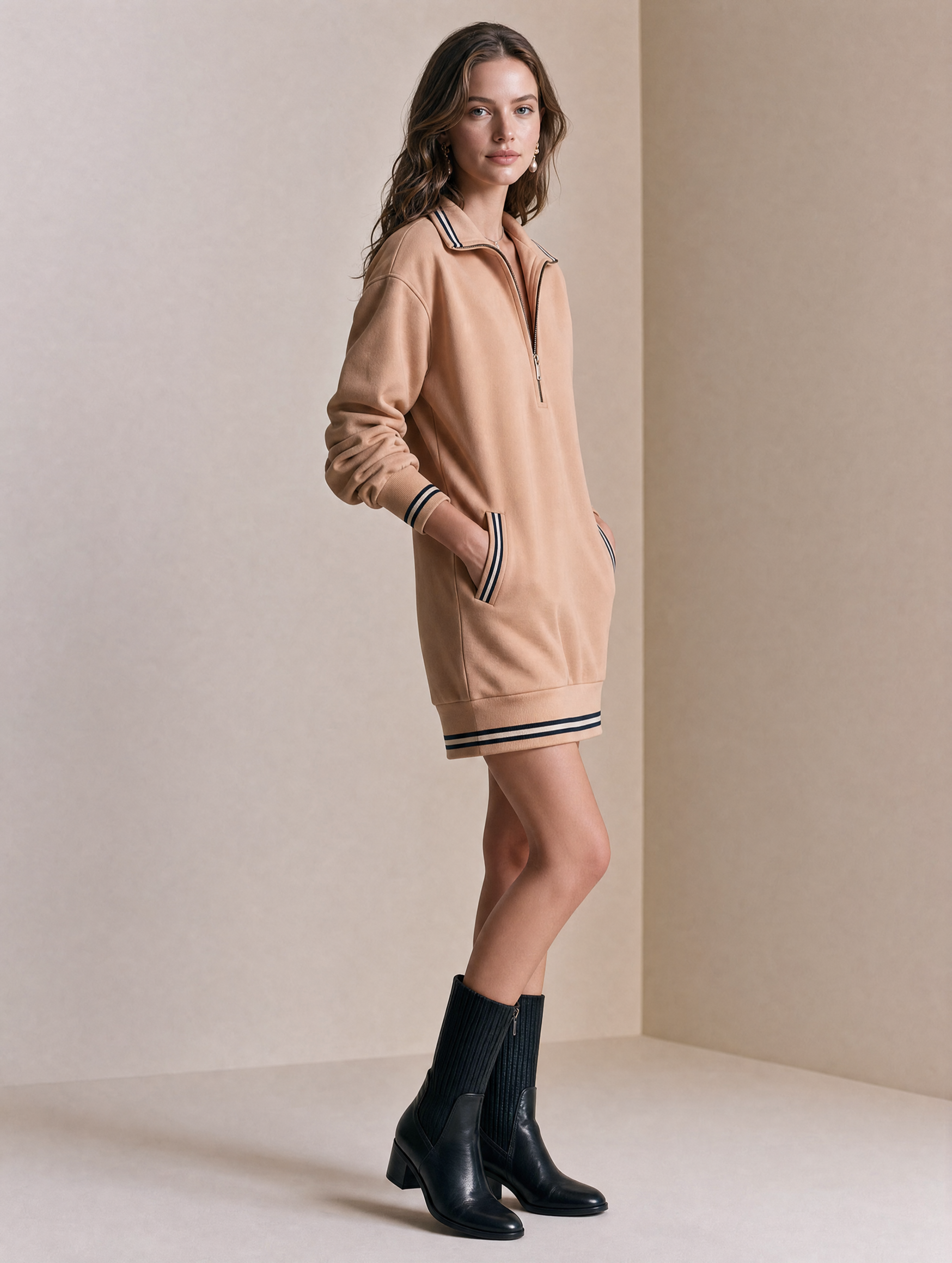 Elegant Beige Contrast Stripe Half-Zip Sweatshirt Dress