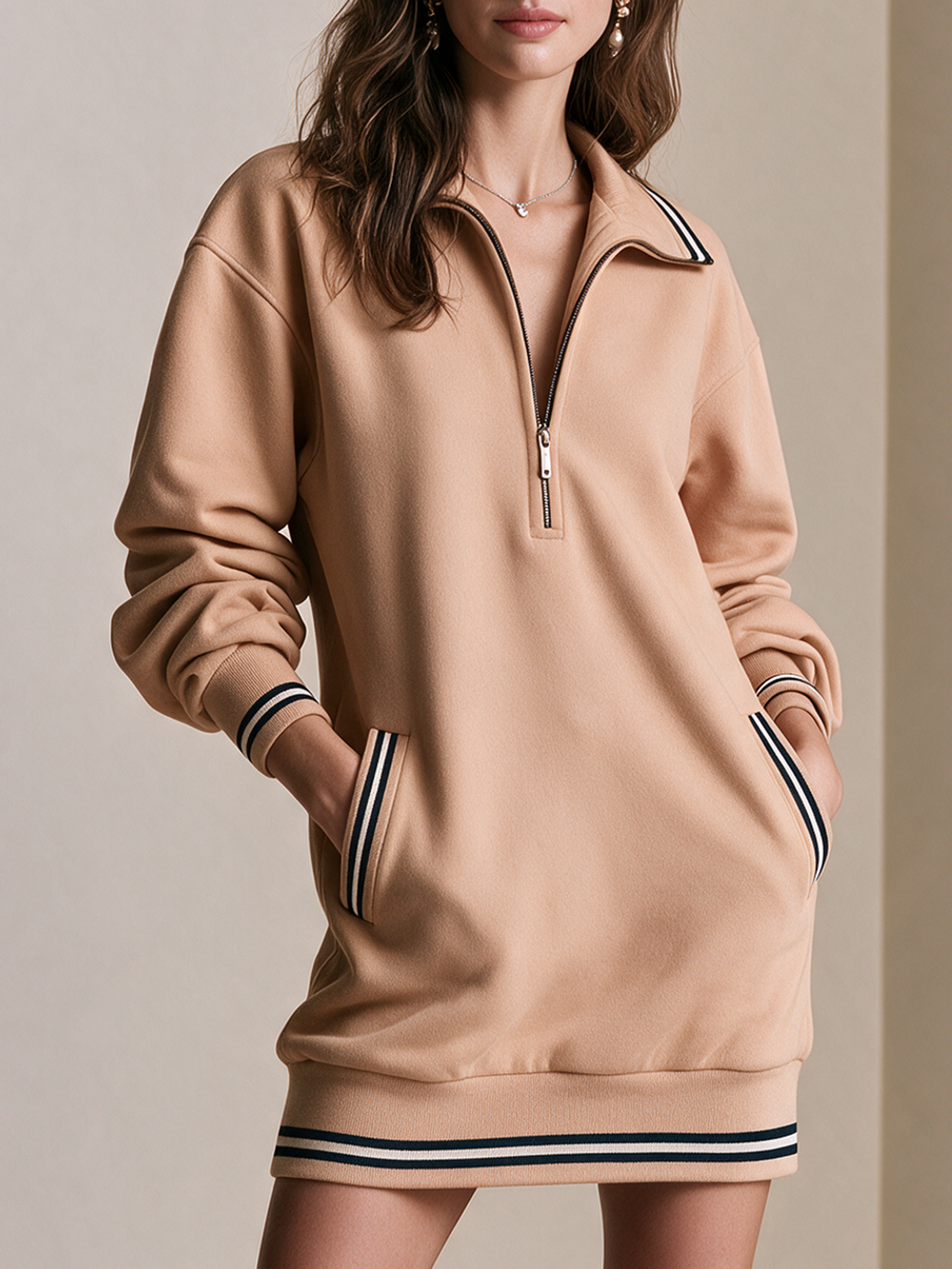 Elegant Beige Contrast Stripe Half-Zip Sweatshirt Dress
